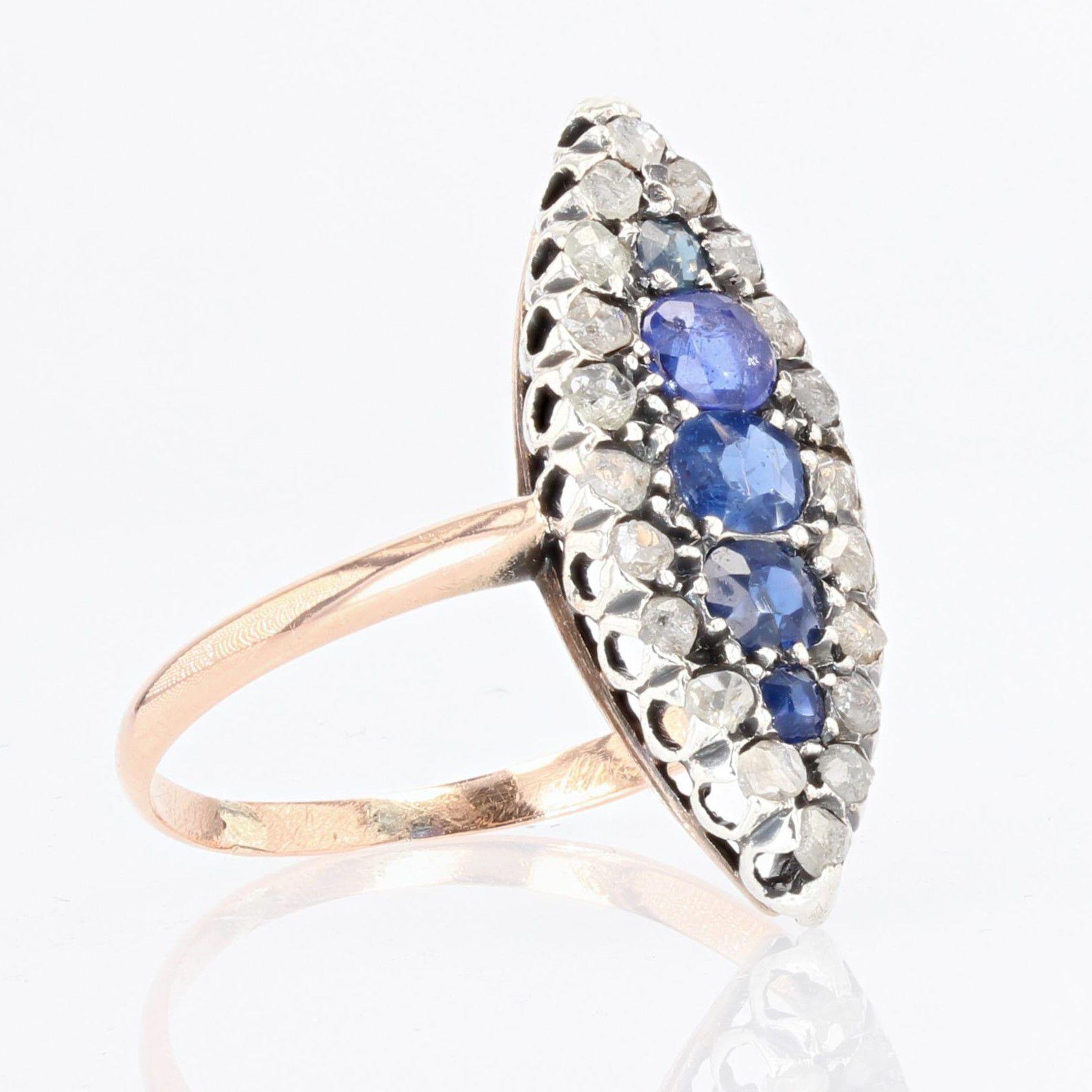 Bague marquise en or jaune 18 carats avec 5 saphirs et diamants, XIXe siècle Bon état - En vente à Poitiers, FR