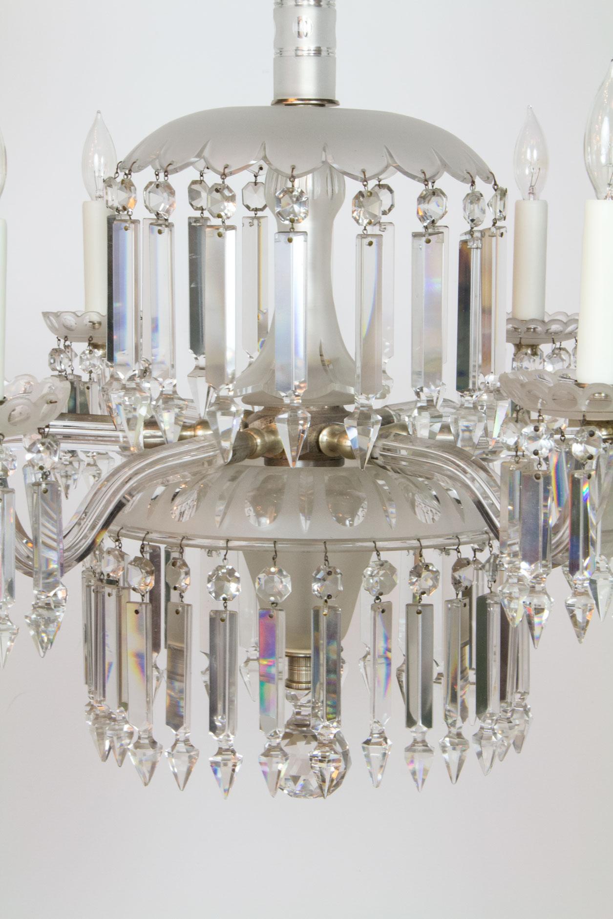 Victorian frosted glass and crystal chandelier. Originally gas. crown stem piece frosted and crosshatched glass, hung with full cut spear crystals. Below is a petal shaped dish hung with another ring of crystals. A vase shaped frosted cut glass stem