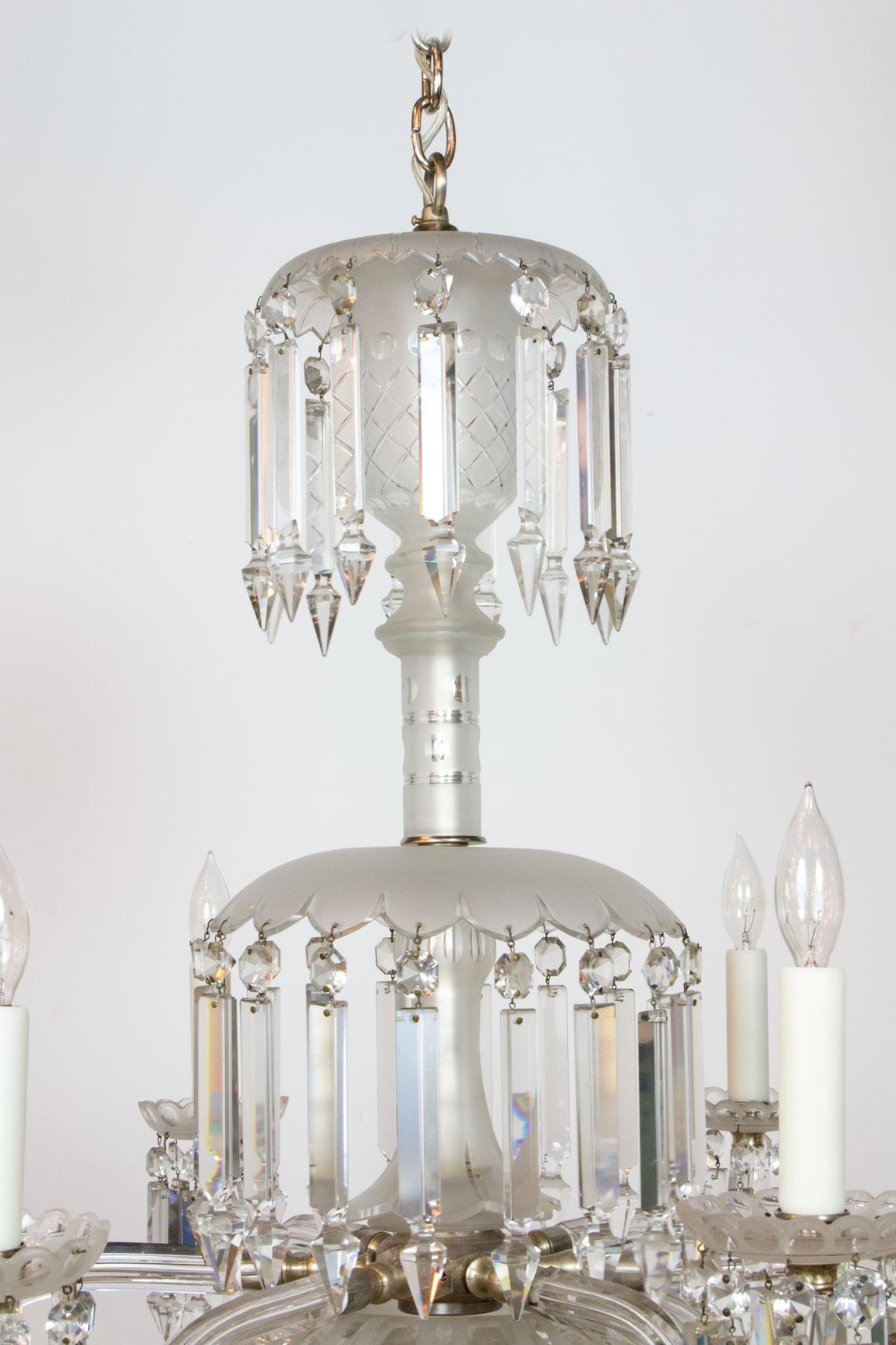 American 19th Century 6 Arm Frosted Crystal Gasolier For Sale