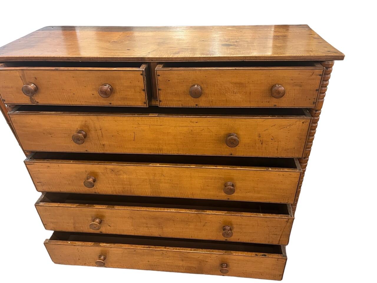 19th Century 6 Drawer Cedar Victorian Chest of Drawers with bobbin turned columns and raised block panel sides