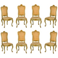 19th Century, 8 Italian Louis XV Style Lacquered Giltwood Chairs