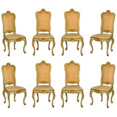 19th Century, 8 Italian Louis XV Style Lacquered Giltwood Chairs