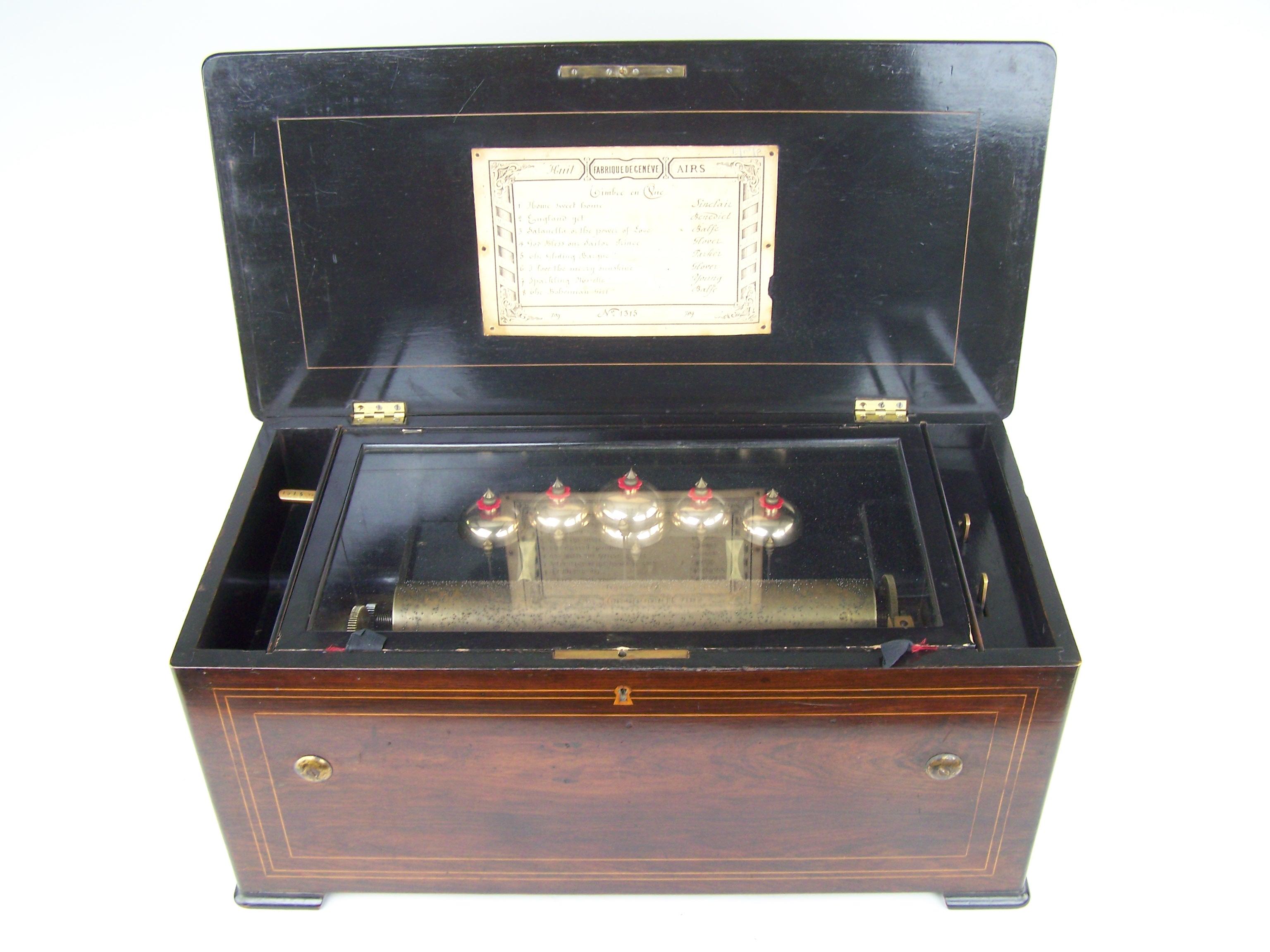 Swiss 19th century 8 tune music box with 6 bells
