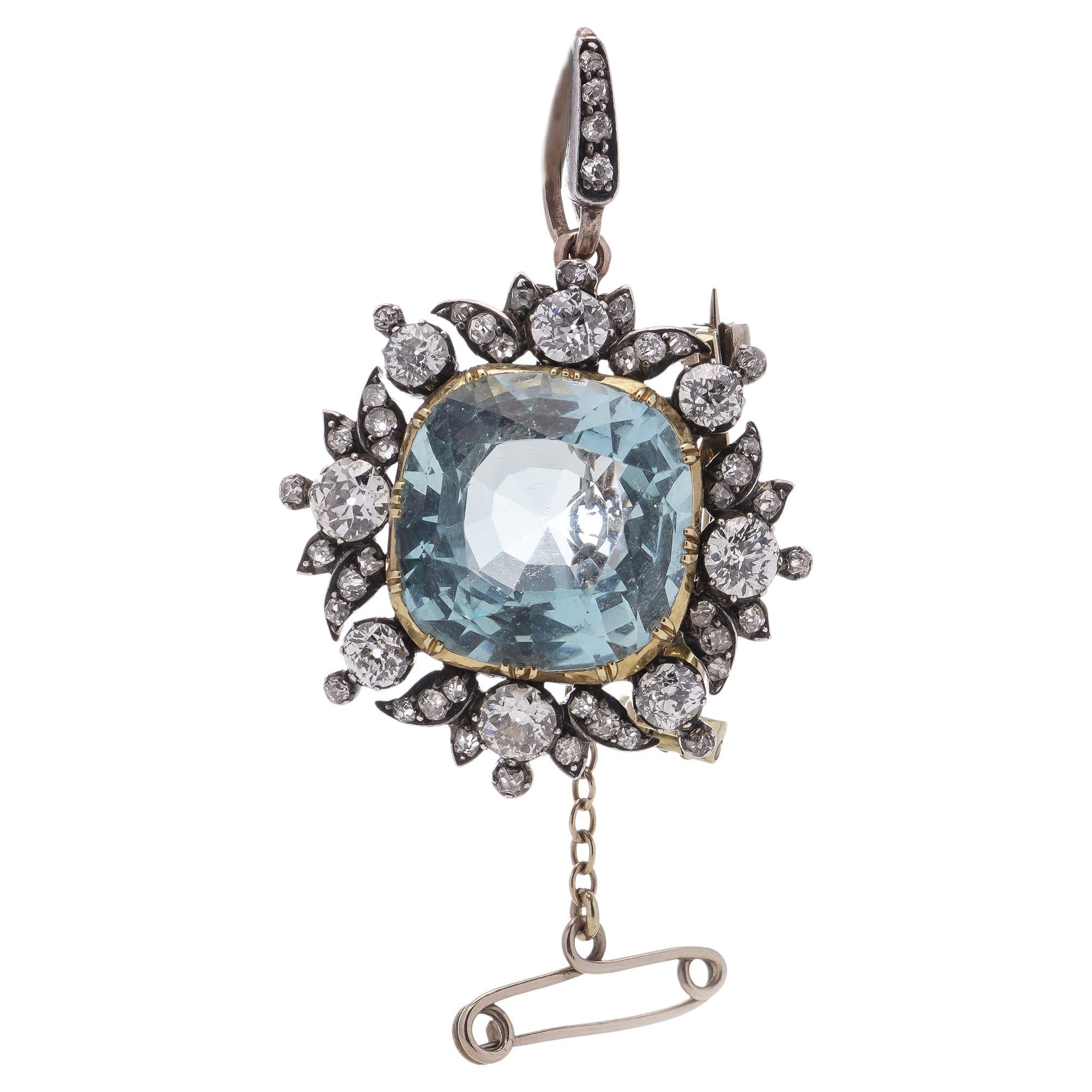 19th Century 9kt gold and silver 7.17 cts. of cushion-cut Aquamarine brooch For Sale