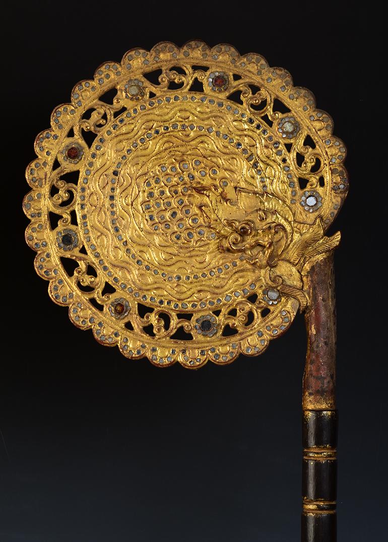 19th Century, A Pair of Antique Burmese Wooden Fans with Gilded Gold and Glass 3