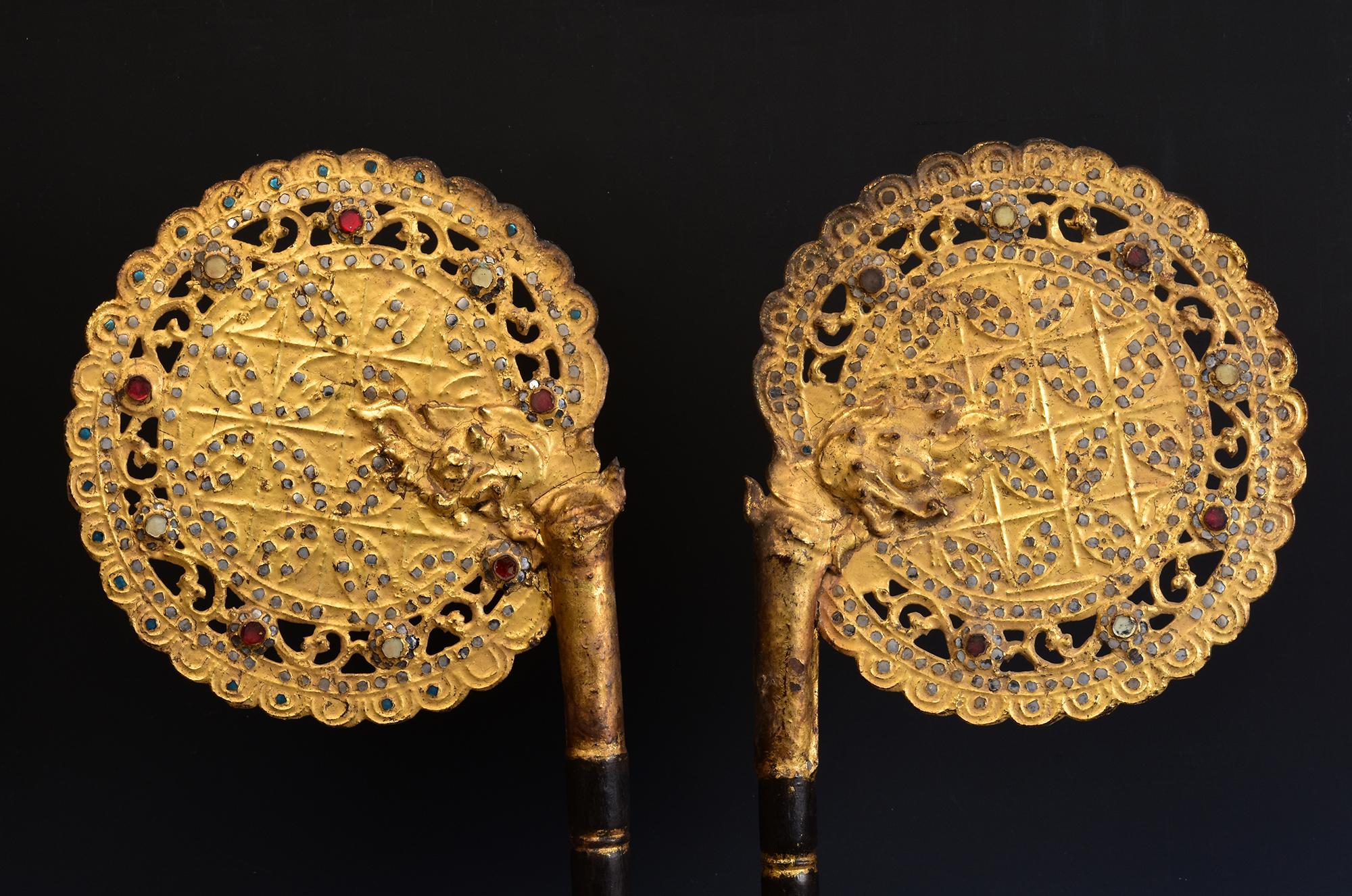 19th Century, A Pair of Antique Burmese Wooden Fans with Gilded Gold and Glass 6