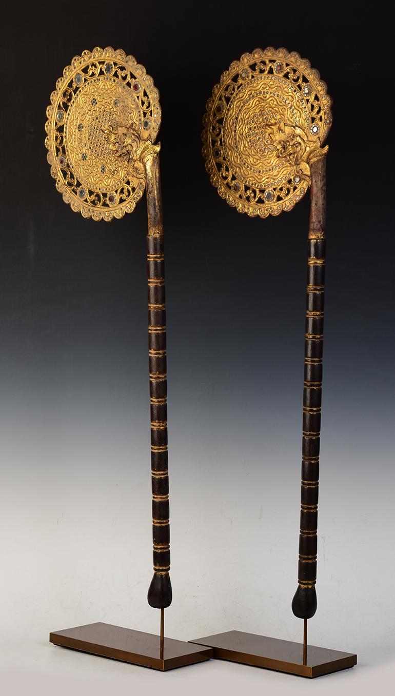 19th Century, A Pair of Antique Burmese Wooden Fans with Gilded Gold and Glass 5