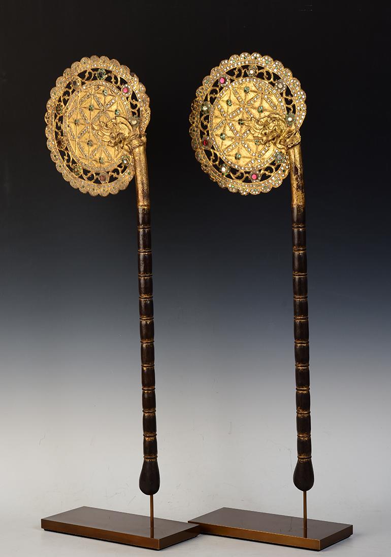 19th Century, A Pair of Antique Burmese Wooden Fans with Gilded Gold and Glass 7