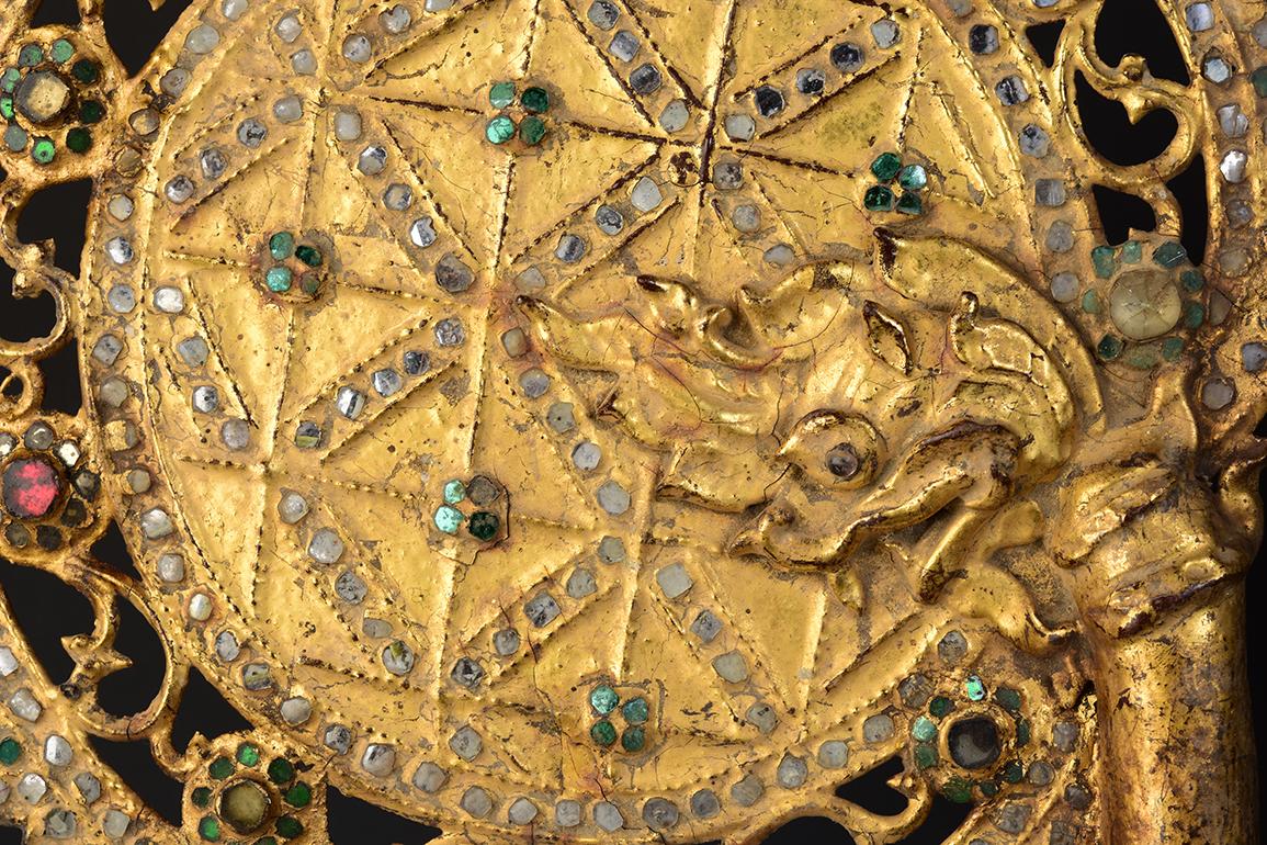 Hand-Carved 19th Century, A Pair of Antique Burmese Wooden Fans with Gilded Gold and Glass