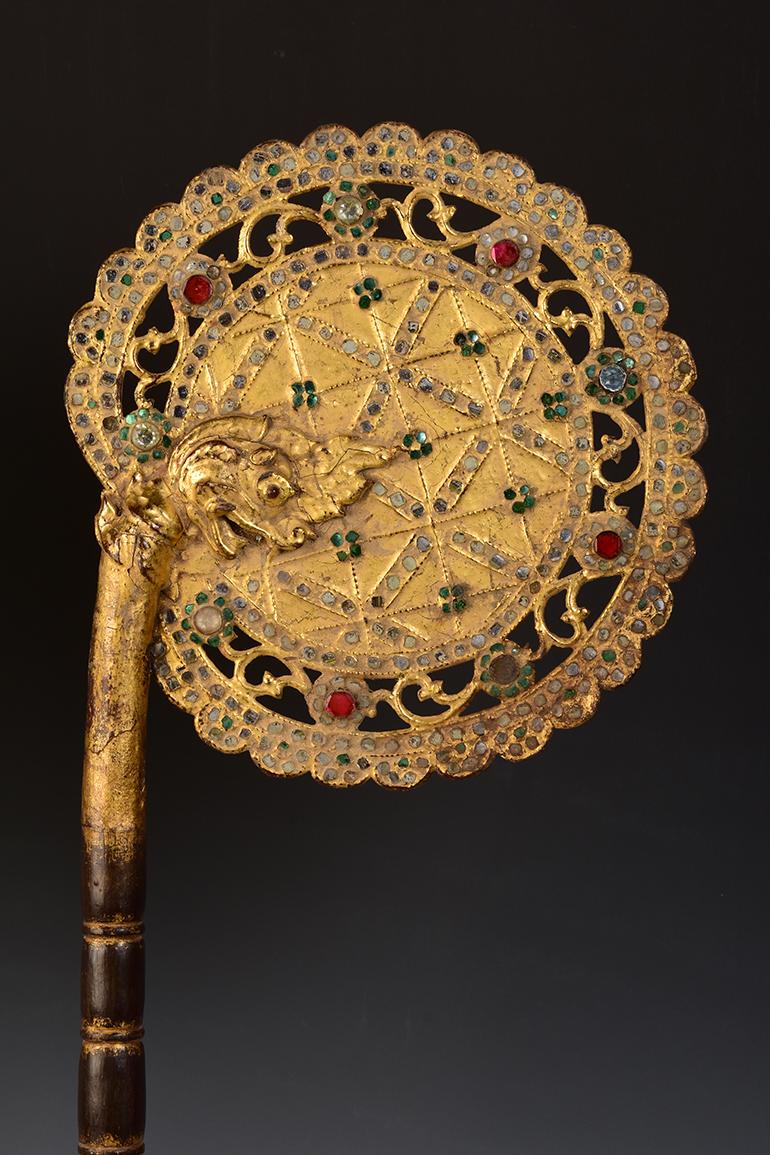 19th Century, A Pair of Antique Burmese Wooden Fans with Gilded Gold and Glass In Good Condition In Sampantawong, TH