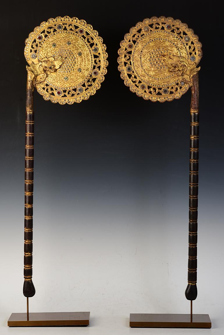 Metal 19th Century, A Pair of Antique Burmese Wooden Fans with Gilded Gold and Glass