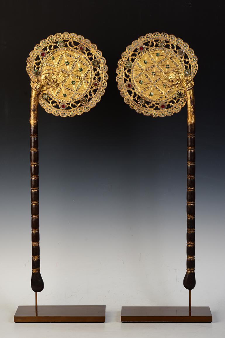19th Century, A Pair of Antique Burmese Wooden Fans with Gilded Gold and Glass 2