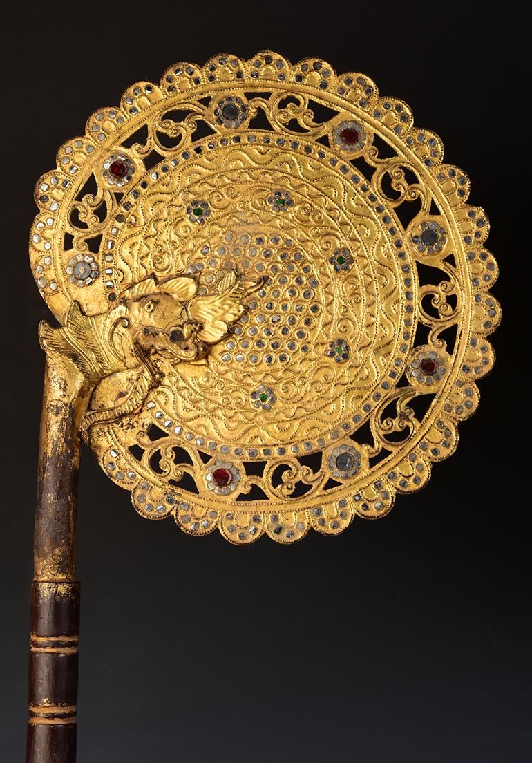 19th Century, A Pair of Antique Burmese Wooden Fans with Gilded Gold and Glass 1