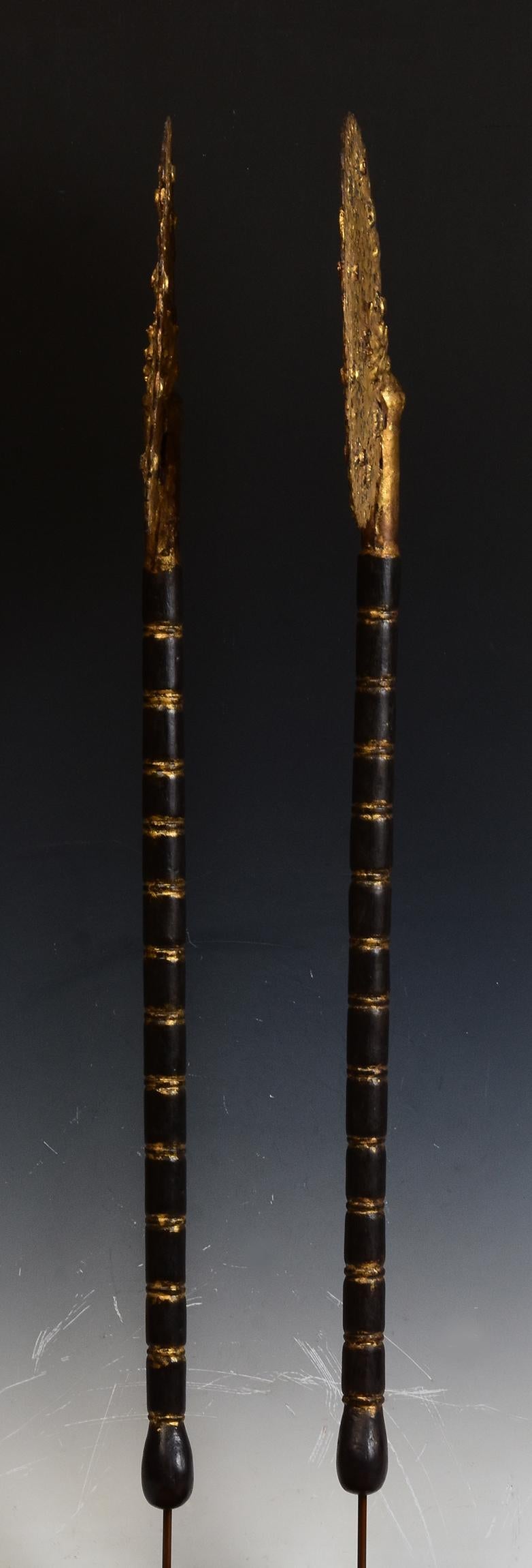 19th Century, A Pair of Antique Burmese Wooden Fans with Gilded Gold and Glass 3