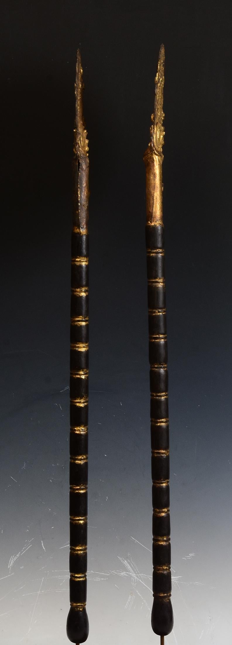 19th Century, A Pair of Antique Burmese Wooden Fans with Gilded Gold and Glass 4
