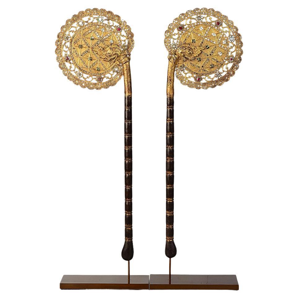 19th Century, A Pair of Antique Burmese Wooden Fans with Gilded Gold and Glass