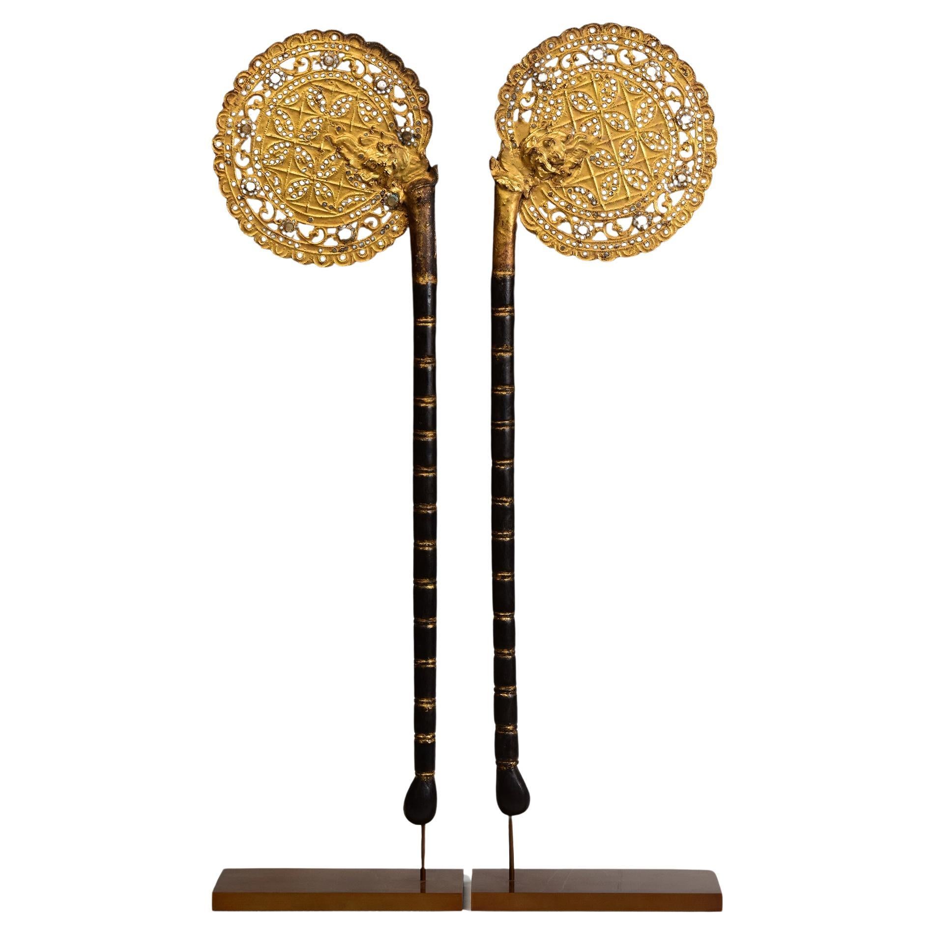 19th Century, A Pair of Antique Burmese Wooden Fans with Gilded Gold and Glass