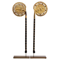 19th Century, A Pair of Antique Burmese Wooden Fans with Gilded Gold and Glass