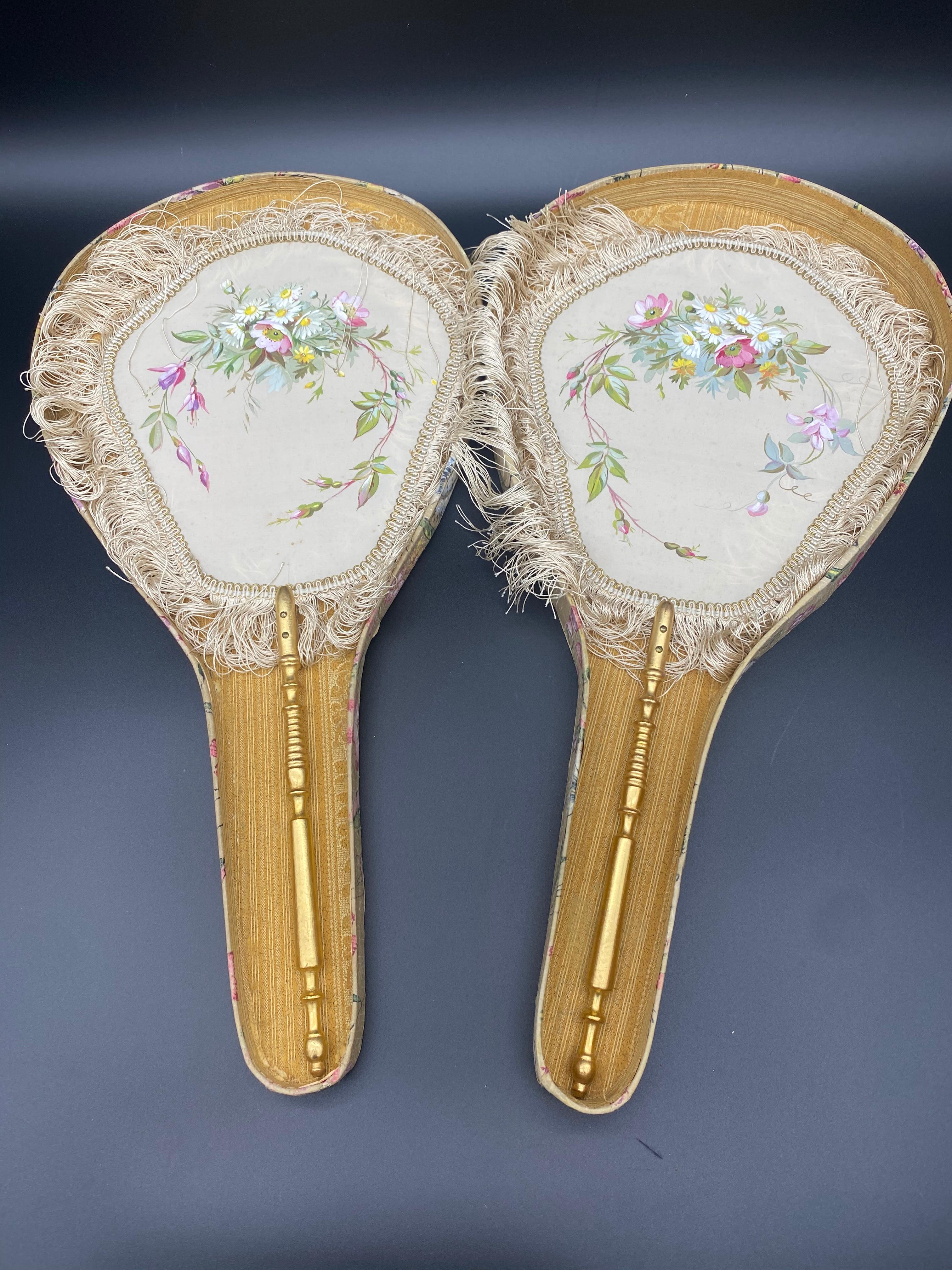 Hand-Carved 19th Century a Pair of Chinese Silk Fans with Giltwood Handles For Sale