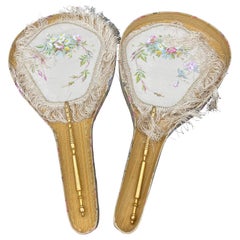 Antique 19th Century a Pair of Chinese Silk Fans with Giltwood Handles