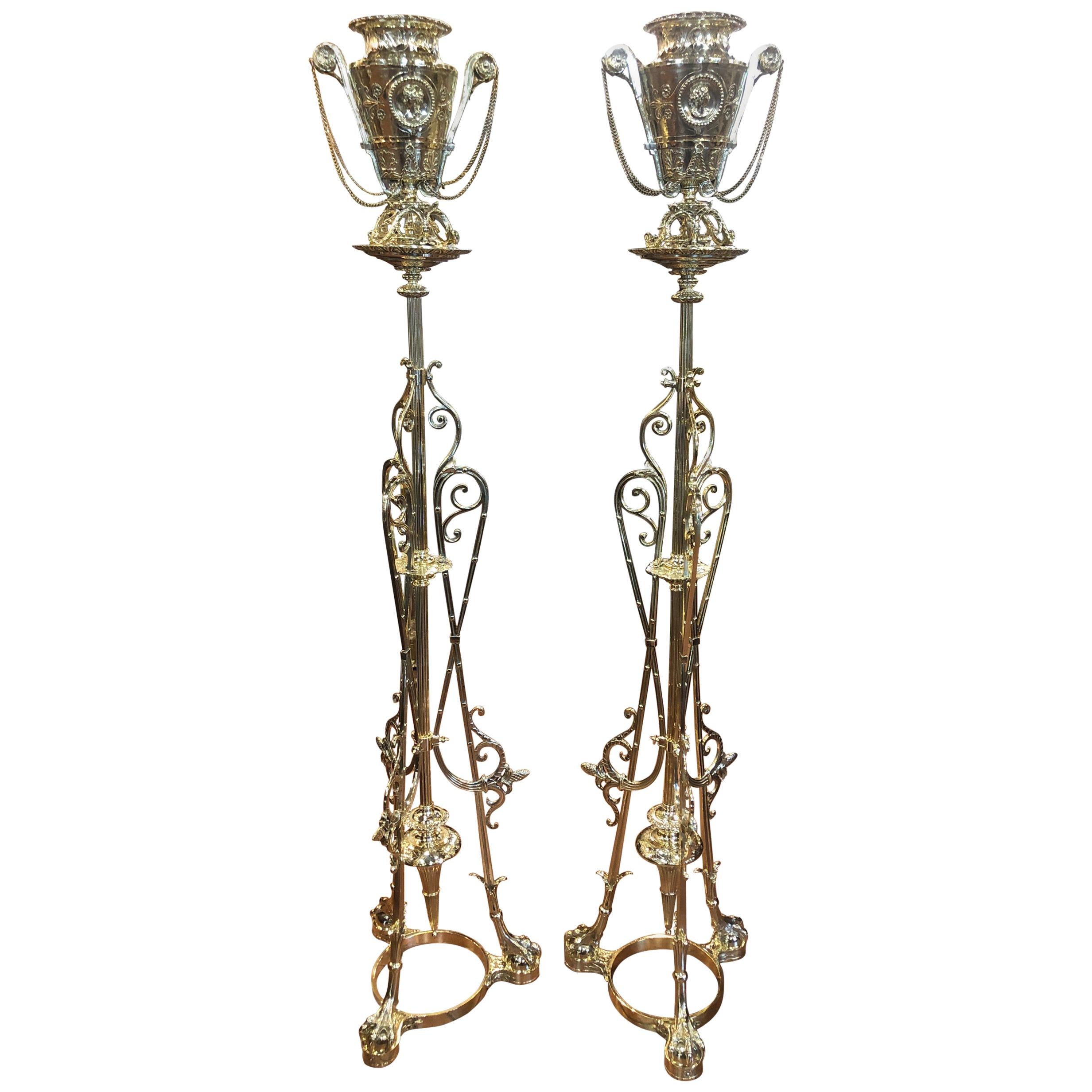 19th Century a Pair of Gueridon with Vases Empire Revival Brass, 1880s