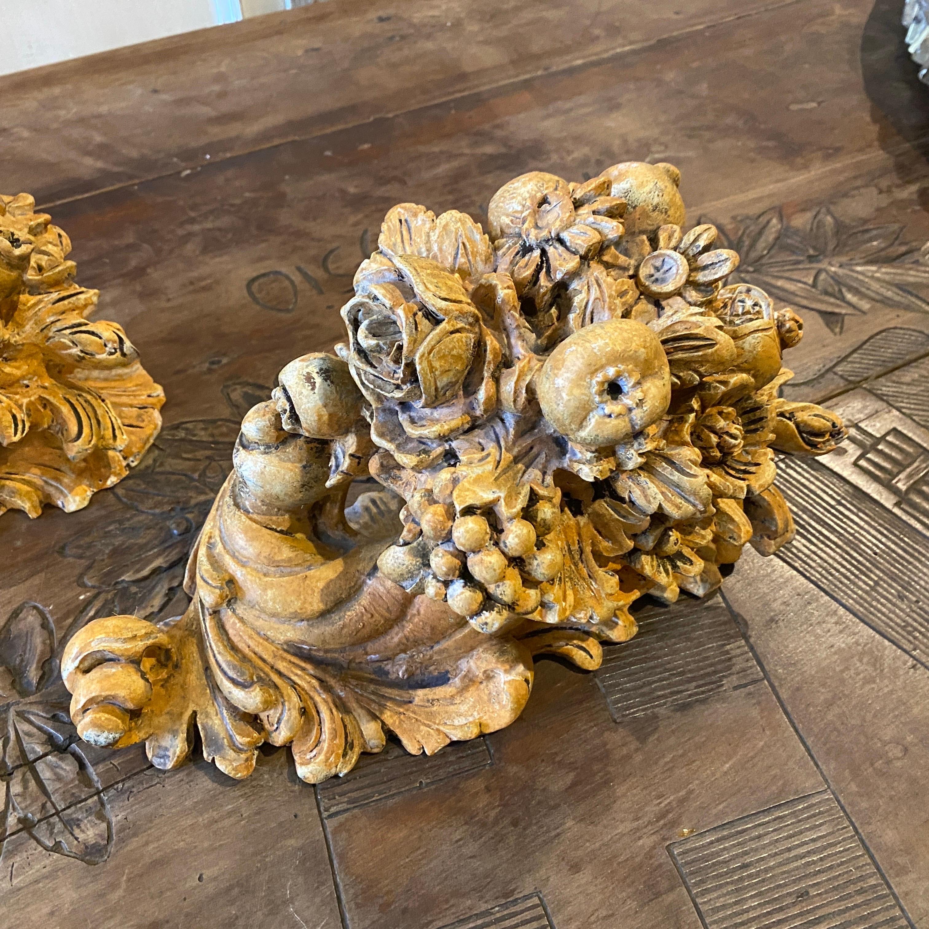 Hand-Carved 19th Century a Pair of Hand Carved Wooden Sicilian Cornucopias For Sale