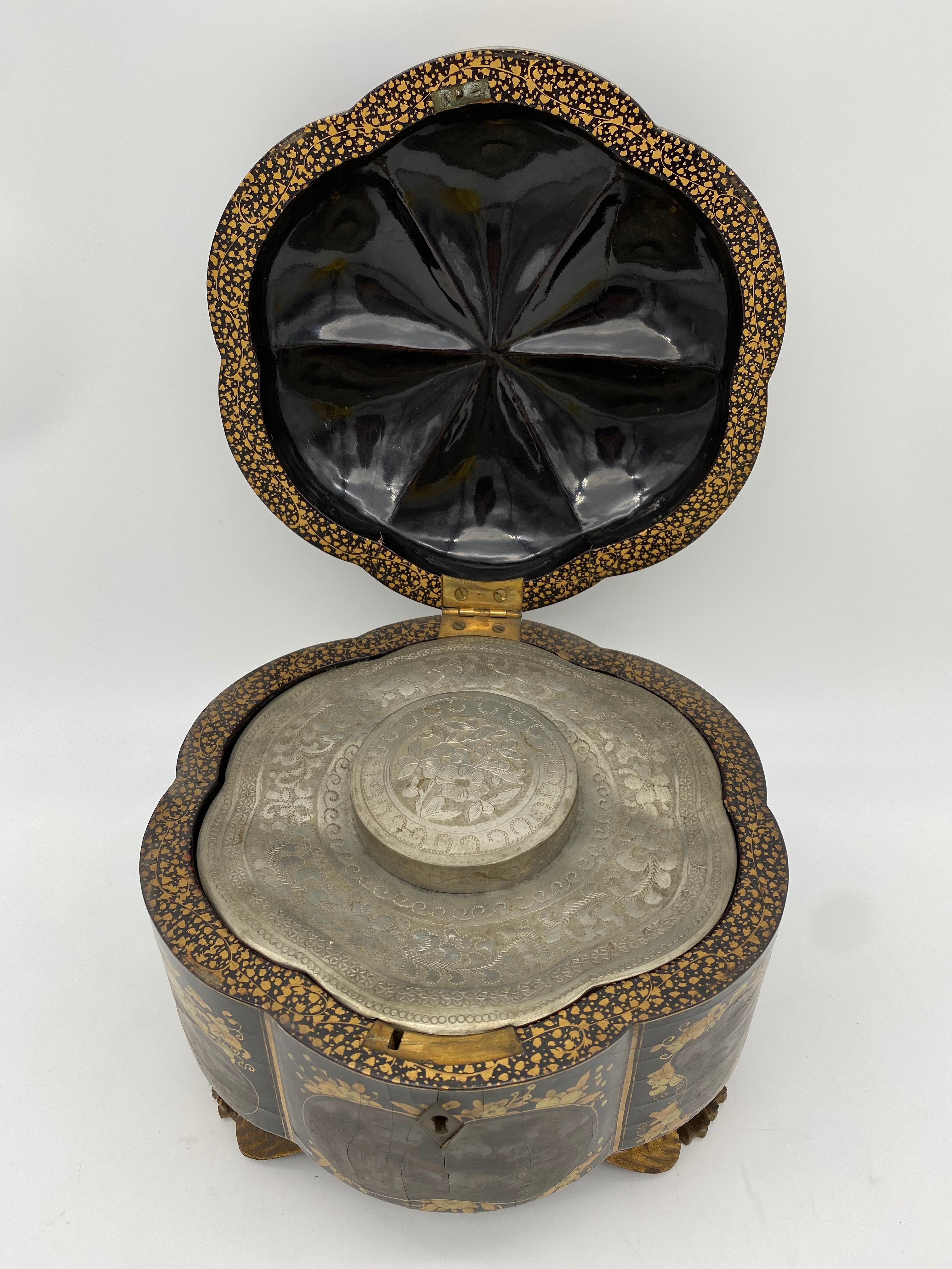 19th century golden black lacquer Chinese tea caddy with pewter and a key, the special shape body decorated with hand paint courtyard, a very beautiful piece. See more pictures, measures: 7