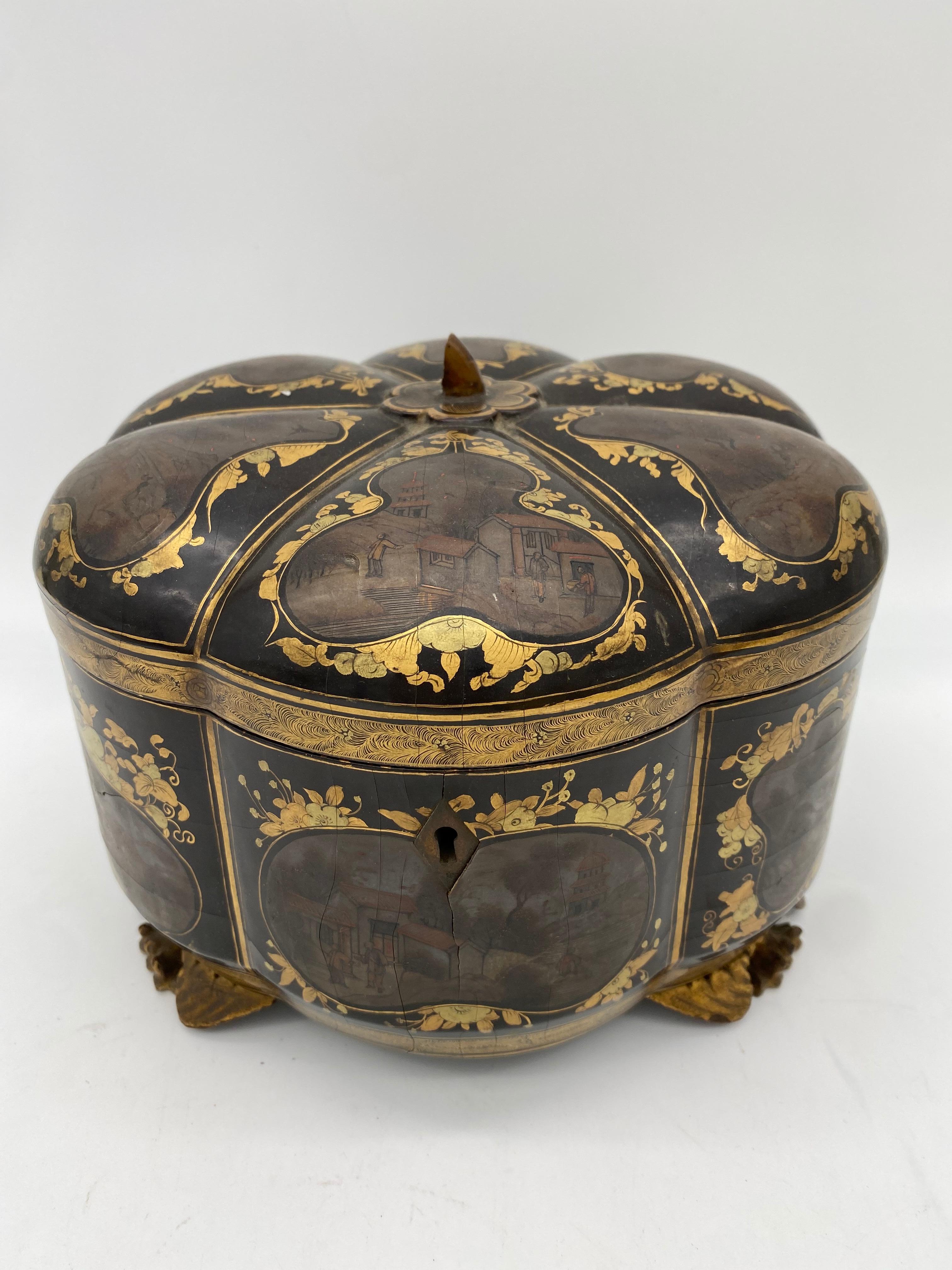 Qing 19th Century a Unique Gilt Chinese Lacquer Tea Caddy For Sale