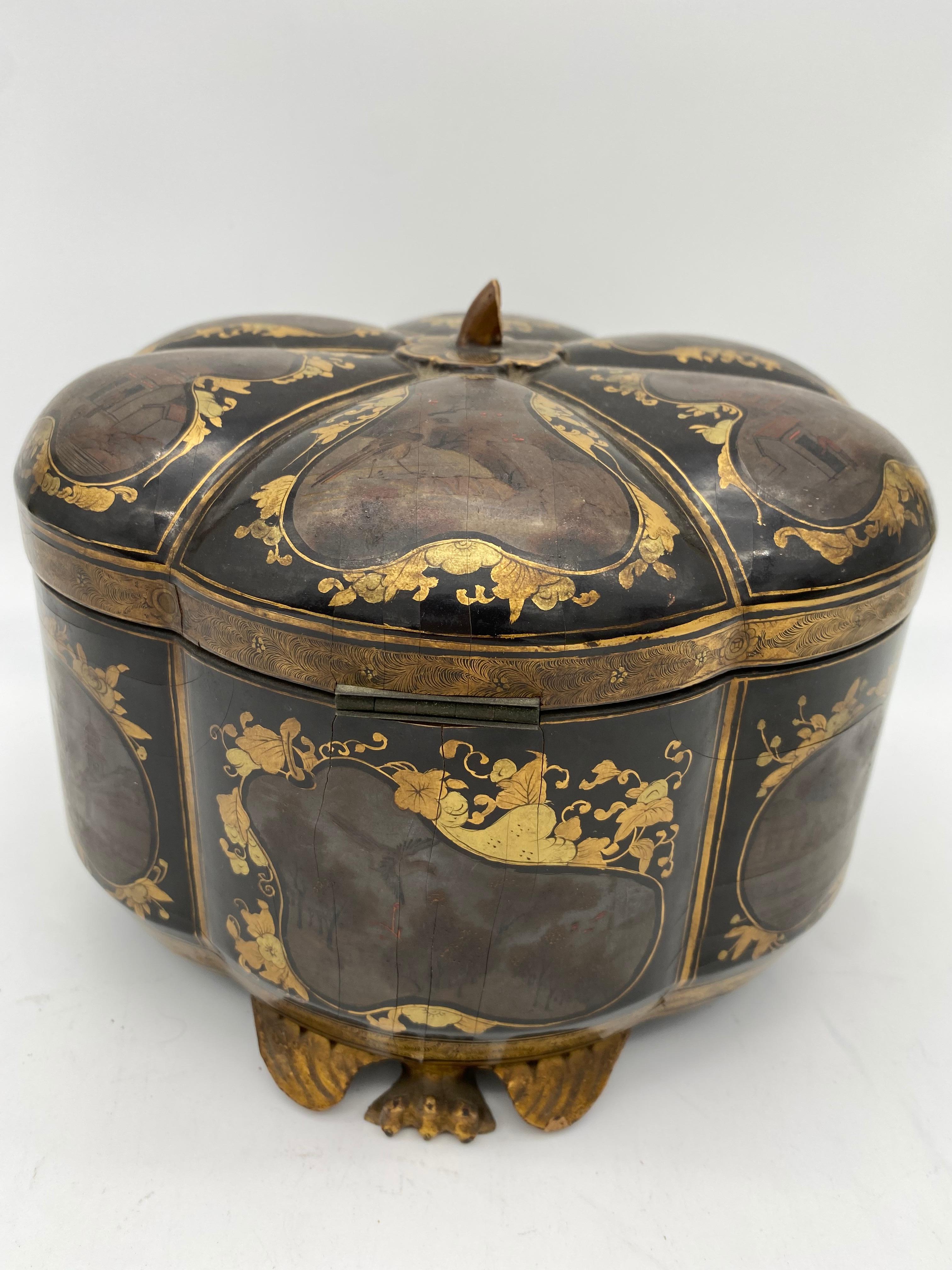 Hand-Carved 19th Century a Unique Gilt Chinese Lacquer Tea Caddy For Sale