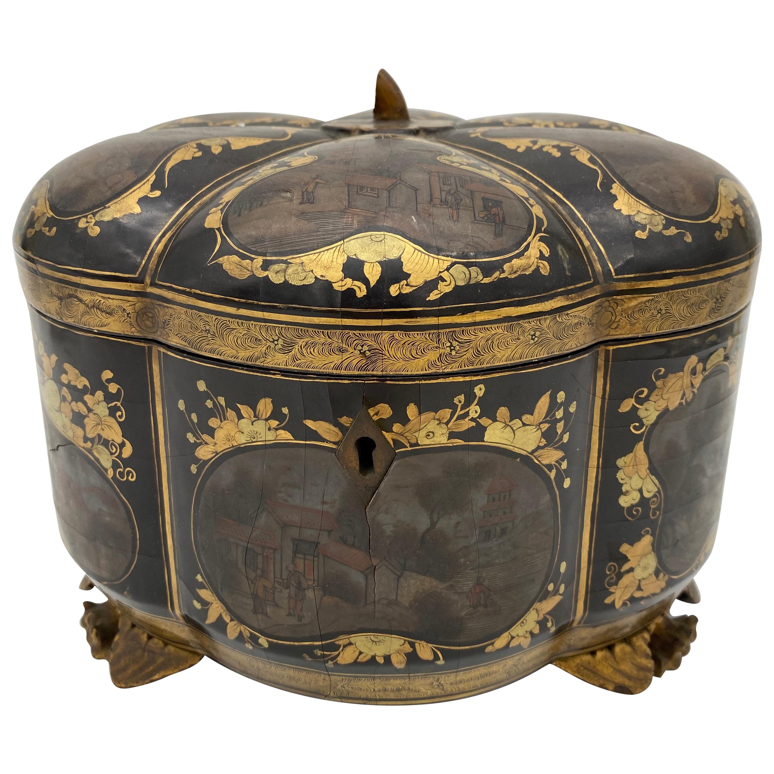 19th Century a Unique Gilt Chinese Lacquer Tea Caddy