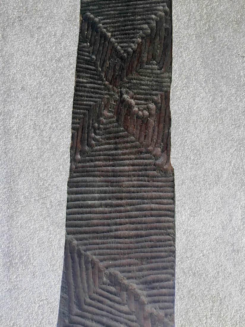 A lovely old large Clan Churinga, fine soft patina on both sides from rubbing during Aboriginal ceremonies. Deep vertical and linear carved design, done with a possum tooth or kangaroo claw. Remnants of ochre
Churingas were sacred totemic items