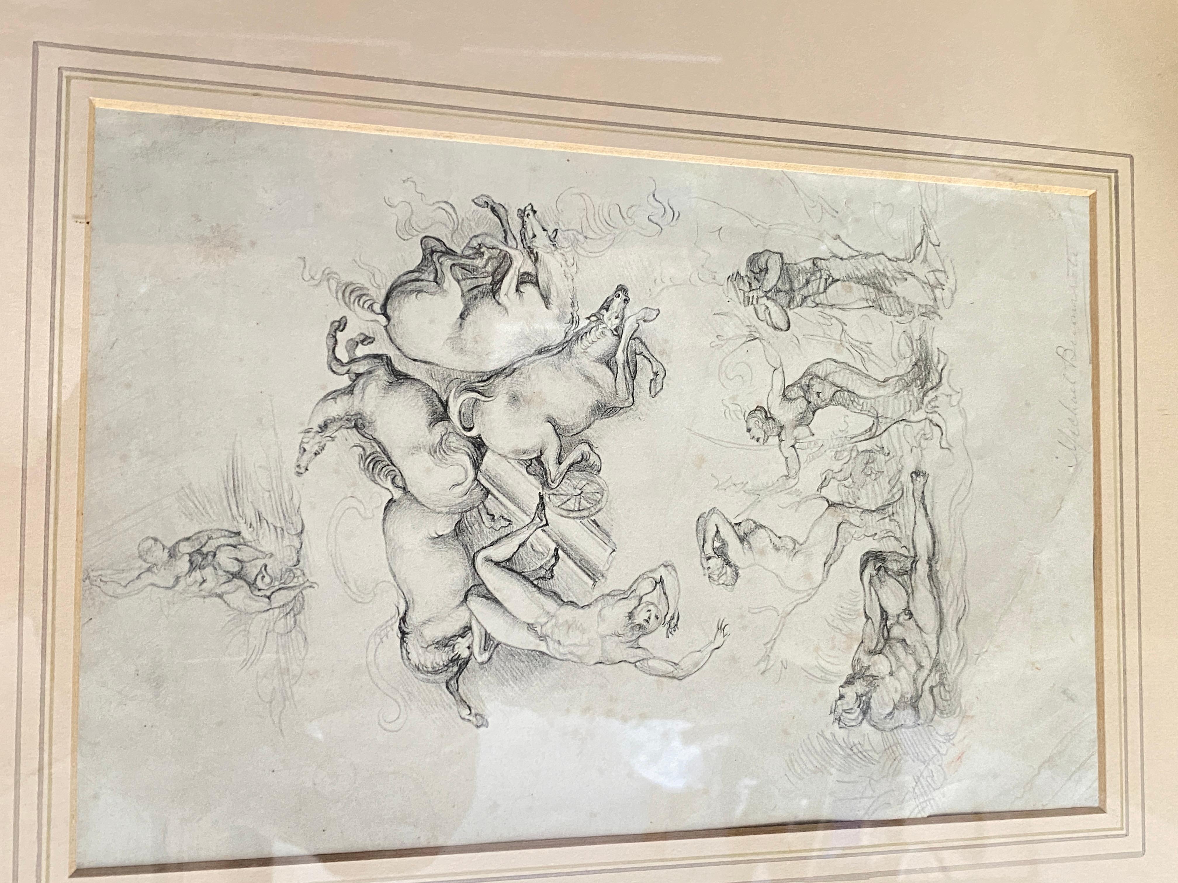 This drawing is an authentic drawing framed in a gilded wooden frame, and placed under a Marie-Louise. It is an authentic drawing from the 19th century made in France, by an artist who took up a drawing by Michelangelo, to make his own
