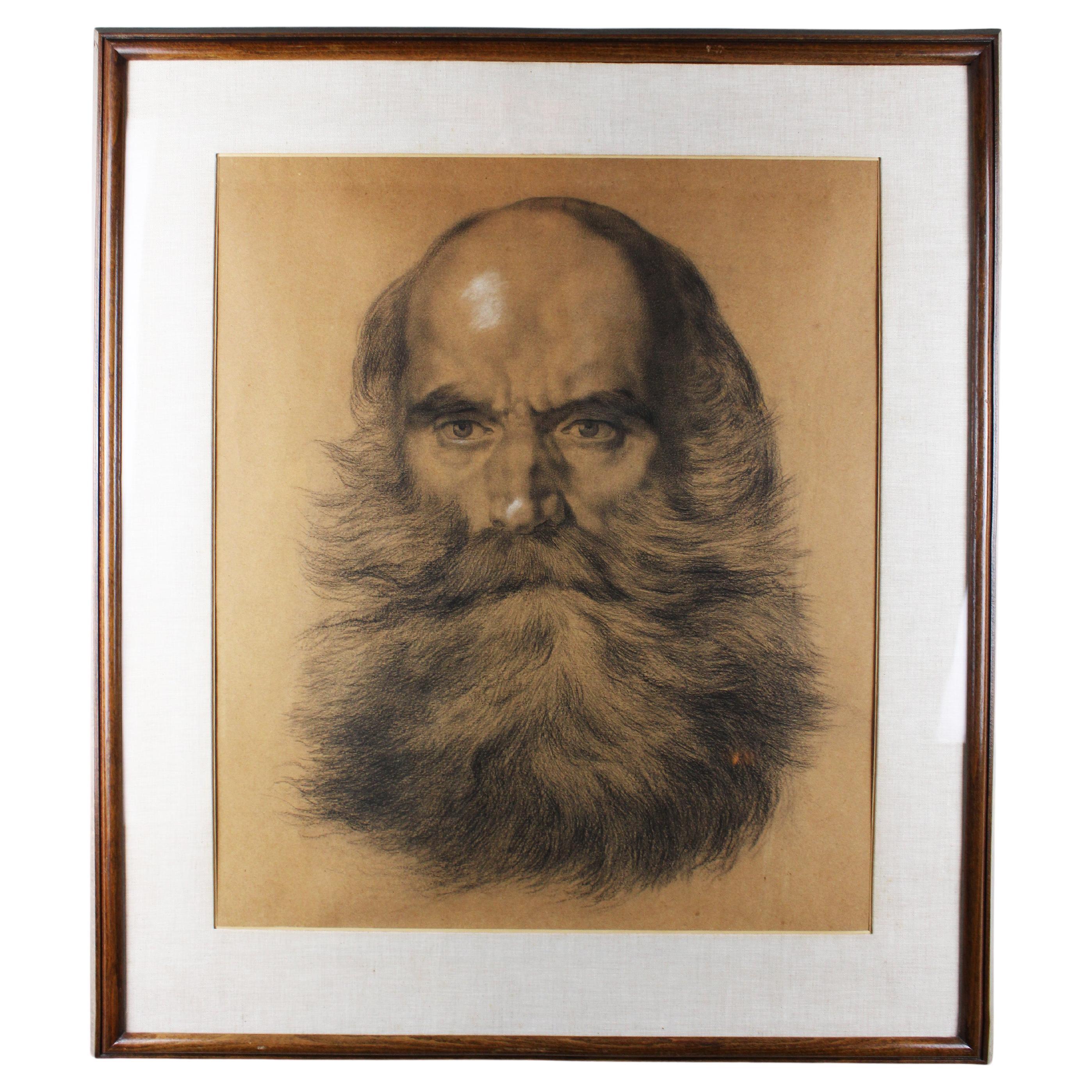 19th Century Academic Framed Charcoal Study "Bearded man's Head" France For Sale