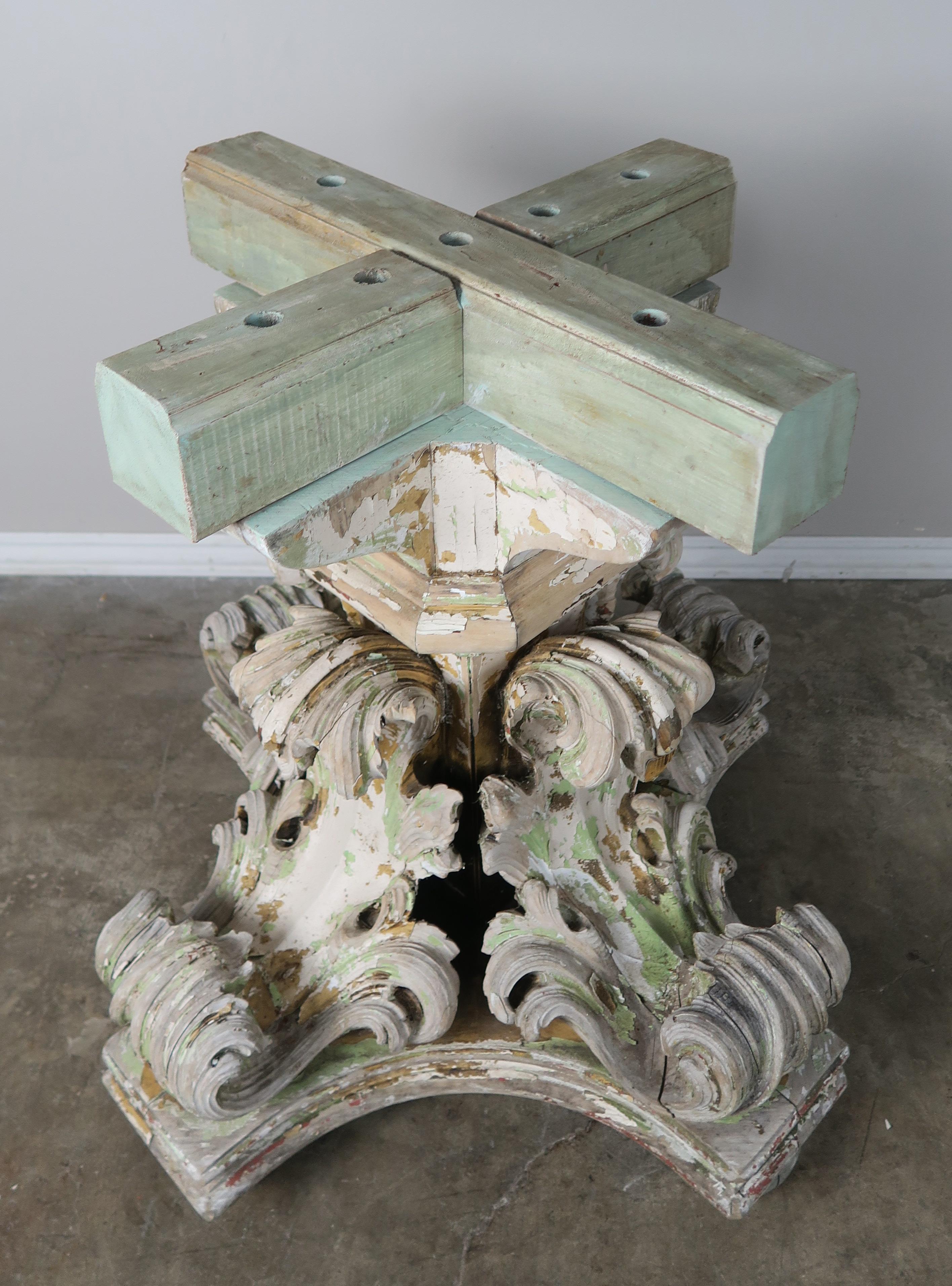 19th Century Acanthus Leaf Painted Table with Marble Top In Distressed Condition In Los Angeles, CA