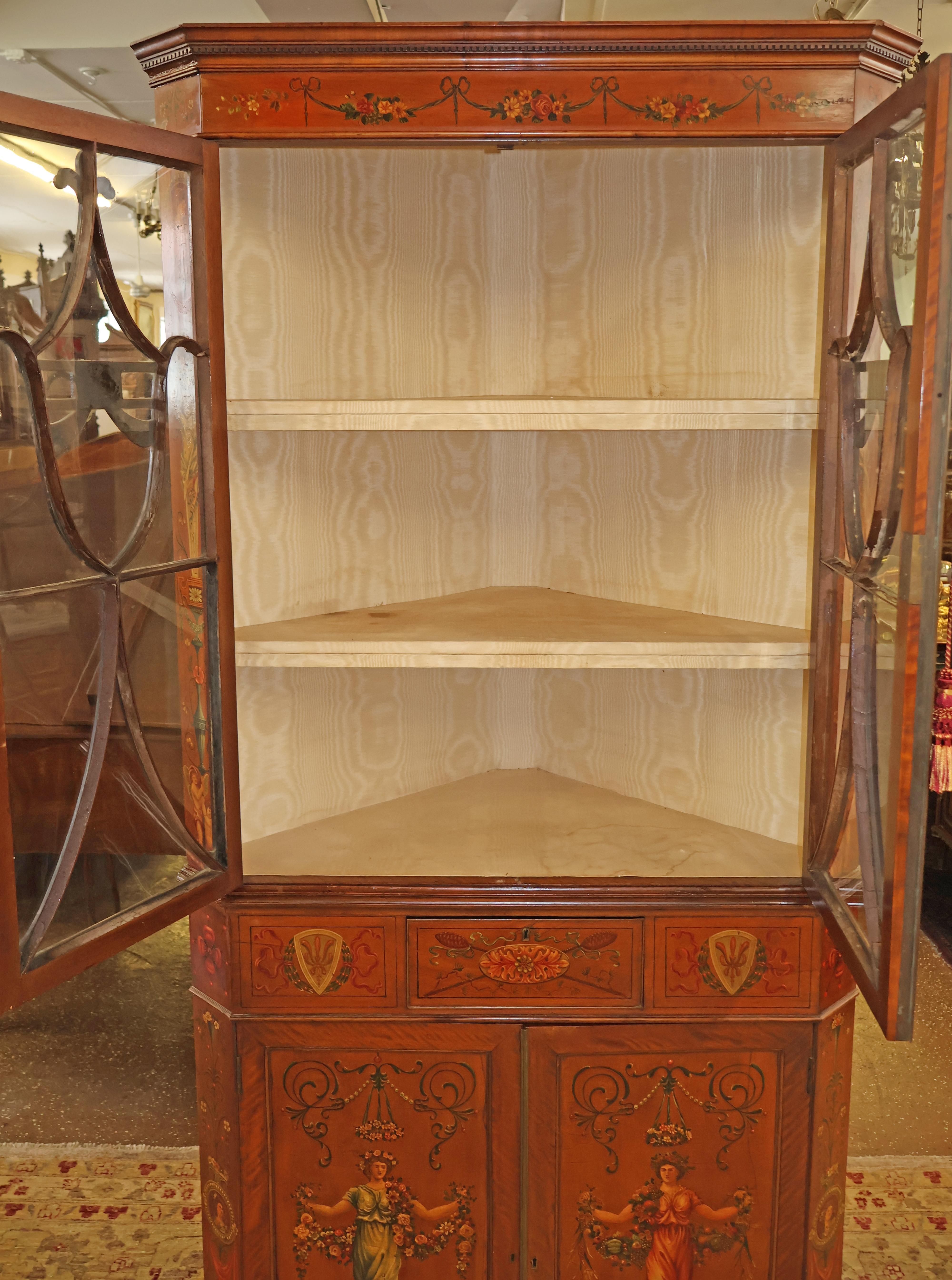 19th Century Adam Style Satinwood Painted Display China Corner Cabinet For Sale 6