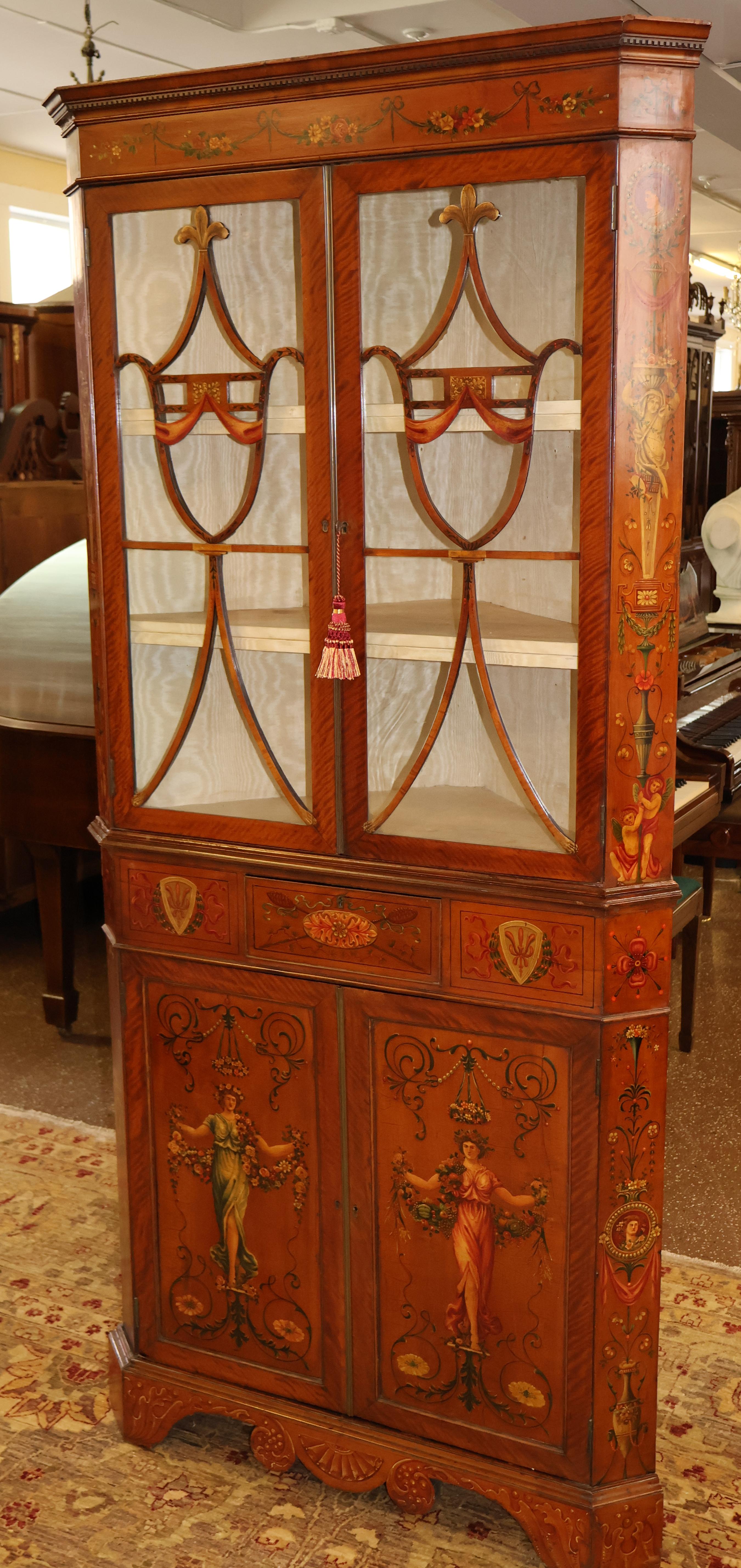 English 19th Century Adam Style Satinwood Painted Display China Corner Cabinet For Sale