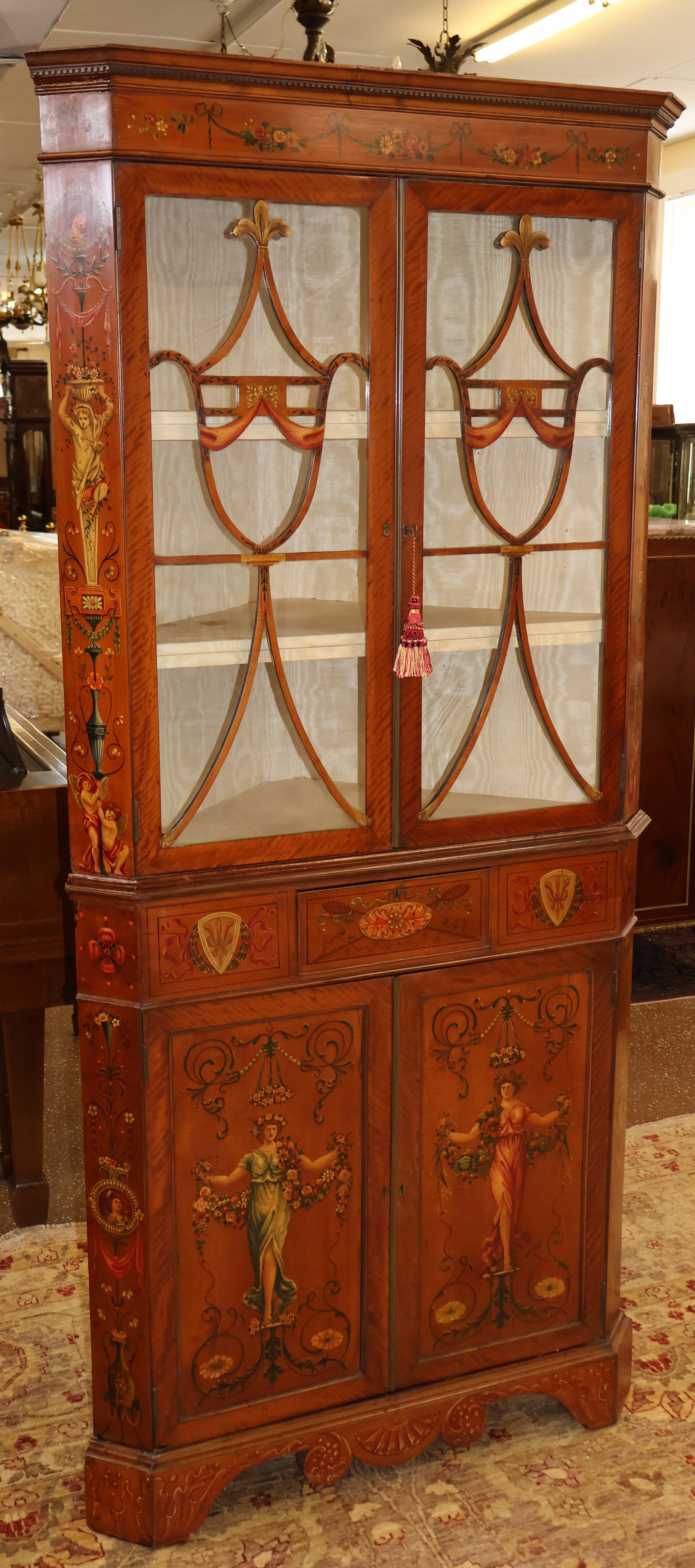 19th Century Adam Style Satinwood Painted Display China Corner Cabinet In Good Condition For Sale In Long Branch, NJ