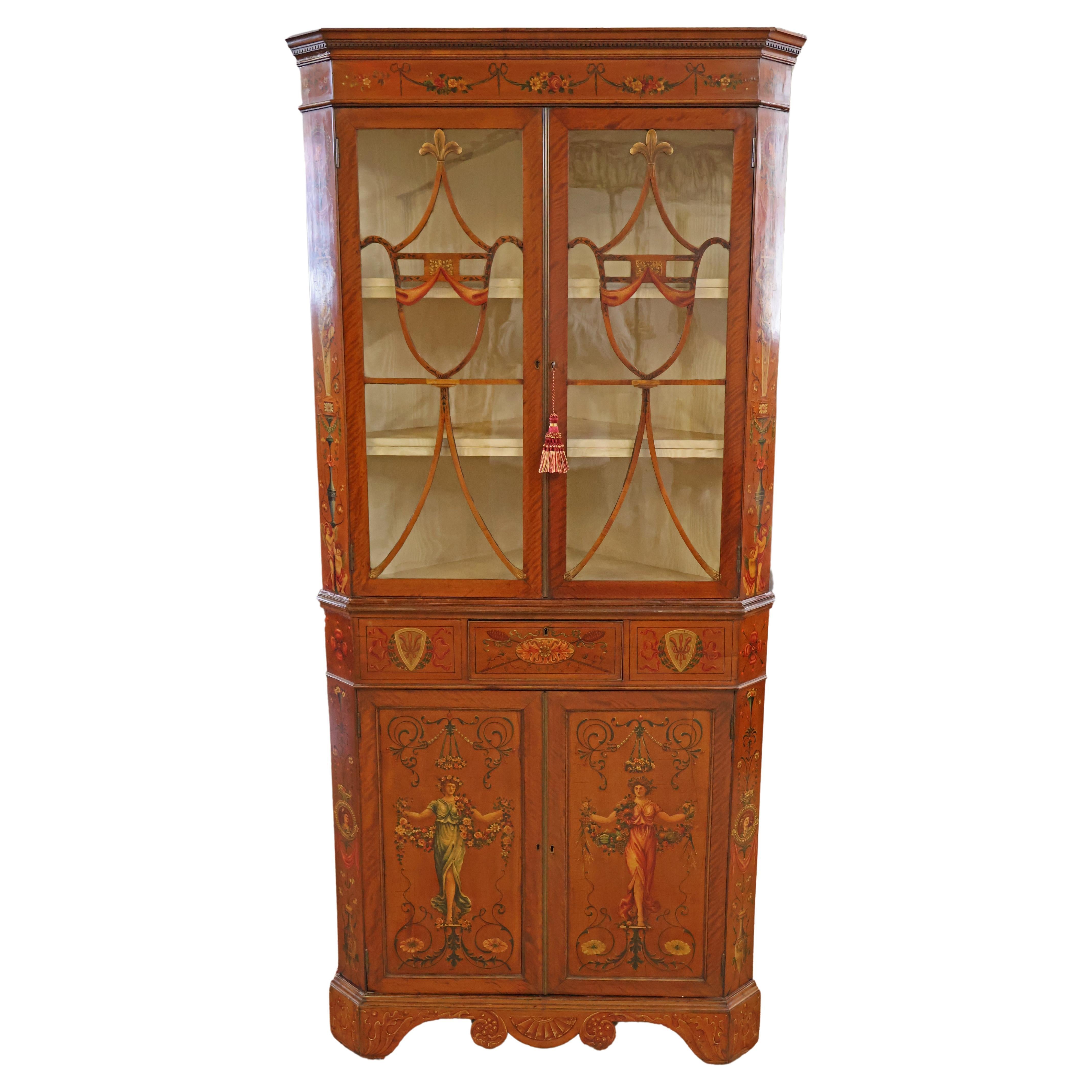 19th Century Adam Style Satinwood Painted Display China Corner Cabinet