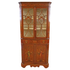 Antique 19th Century Adam Style Satinwood Painted Display China Corner Cabinet
