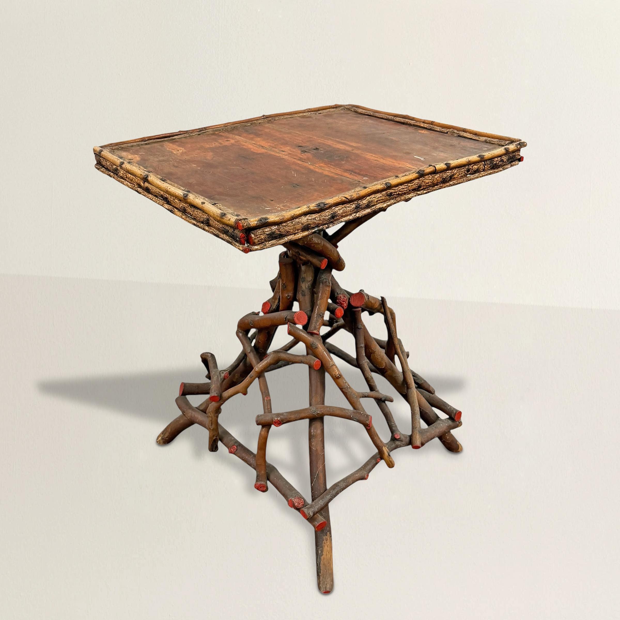 This 19th-century Adirondack twig table delivers that elusive mix of rustic irreverence and sculptural clarity. The rectangular top, crisply framed in young birch, sets the tone—clean, pale, understated—while the base erupts in a controlled flare of