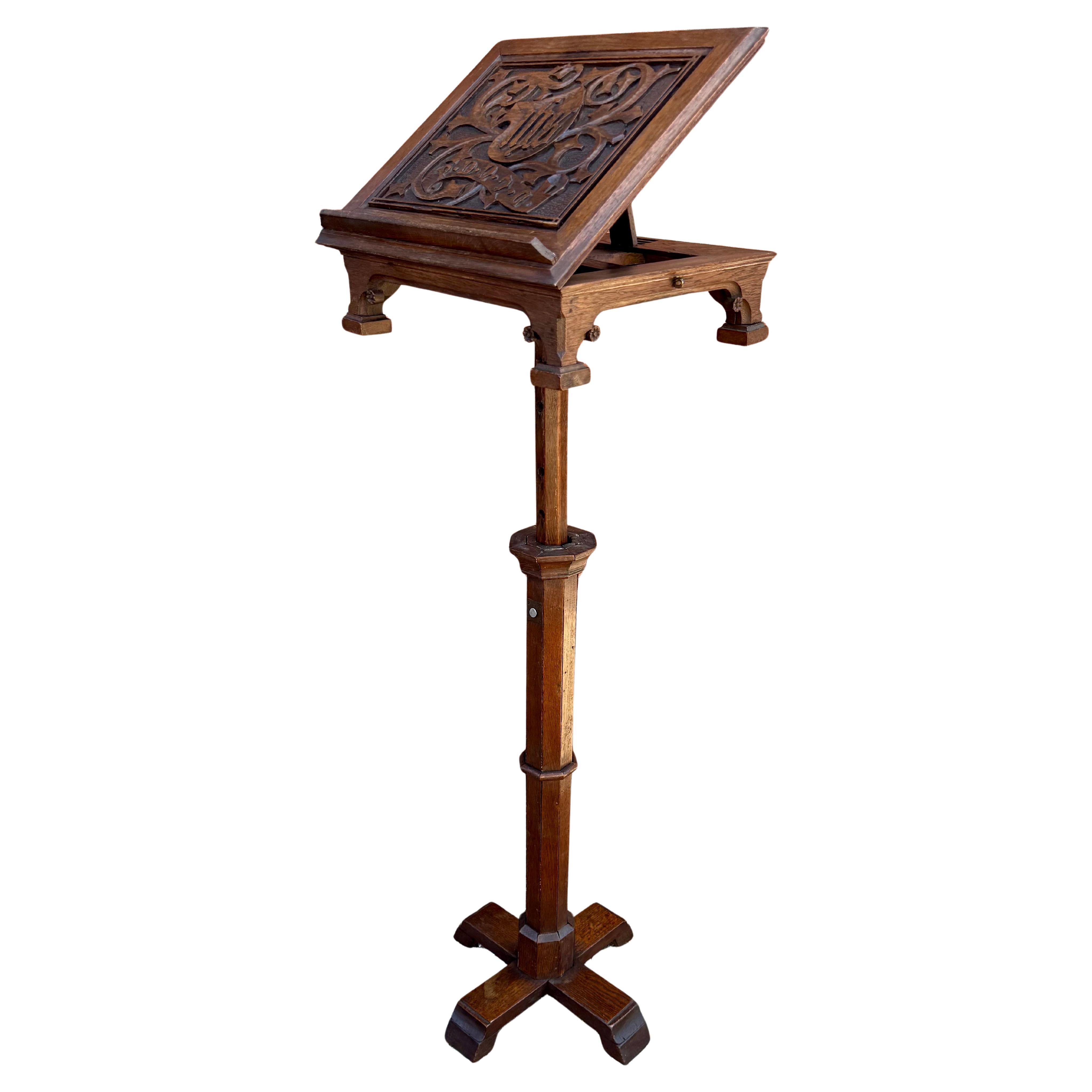 19th Century Adjustable Carved Oak Ecclesiastical Bible Stand with IHS Monogram