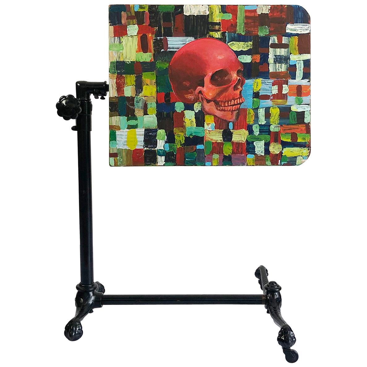 19th Century Adjustable Drafting Table in Cast Iron with Rare Skull Painting For Sale