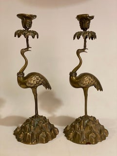 19th Century Aesthetic Bronze Flamingo Candle Holders