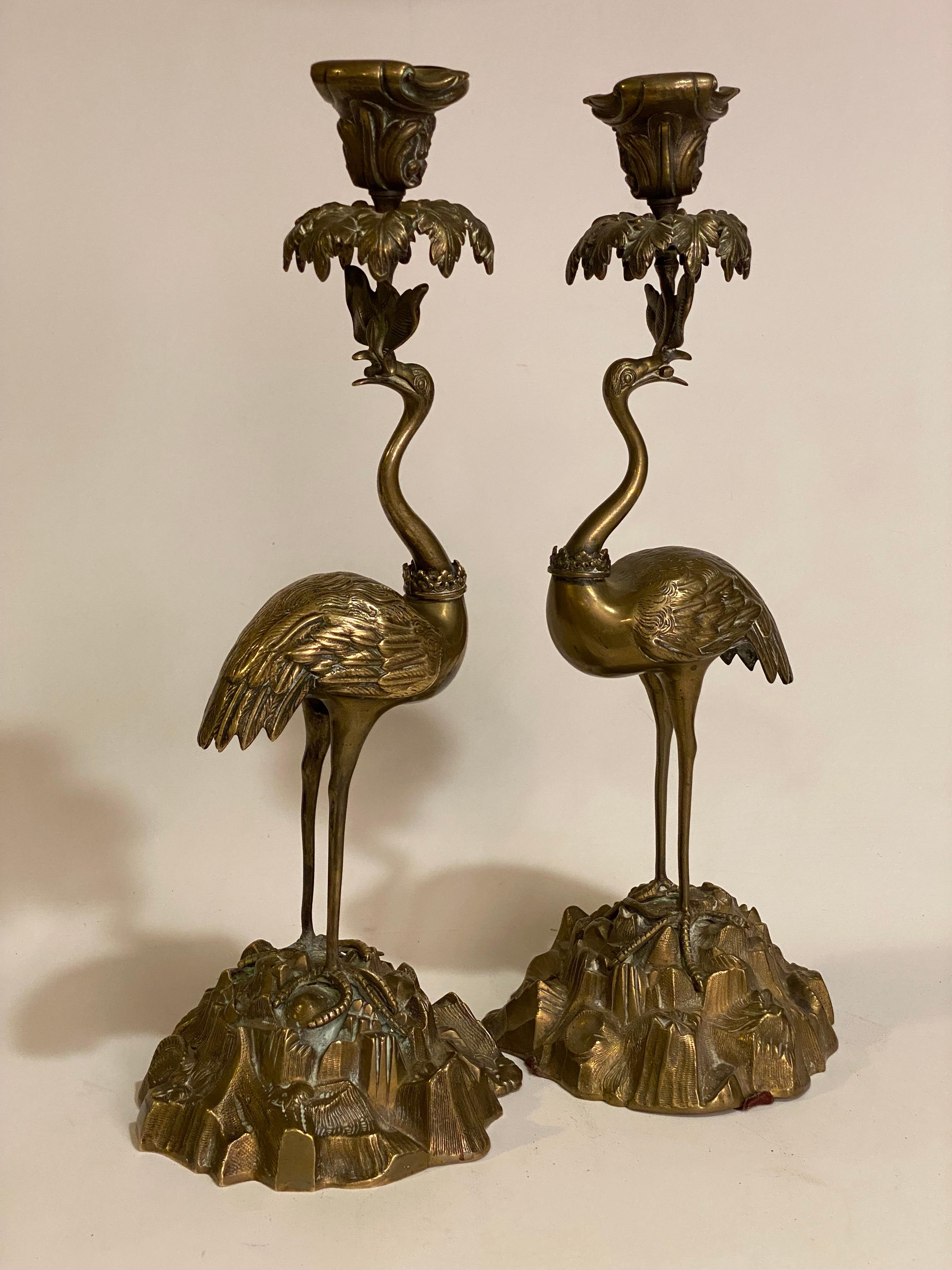 Aesthetic Movement 19th Century Aesthetic Bronze Flamingo Candle Holders