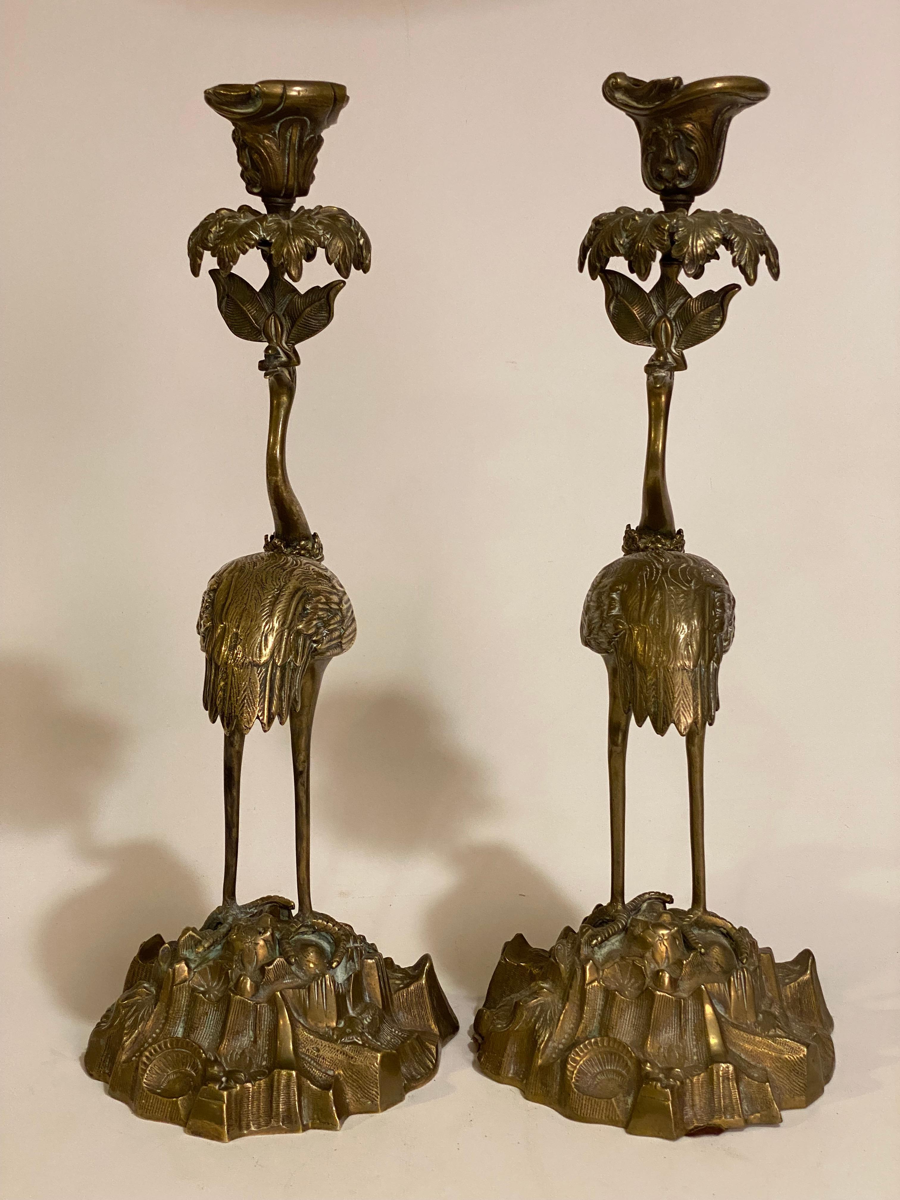 English 19th Century Aesthetic Bronze Flamingo Candle Holders