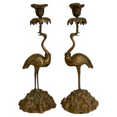 19th Century Aesthetic Bronze Flamingo Candle Holders