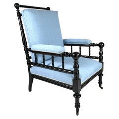 Antique 19th Century Aesthetic Movement Ebonized Upholstered Bobbin Armchair