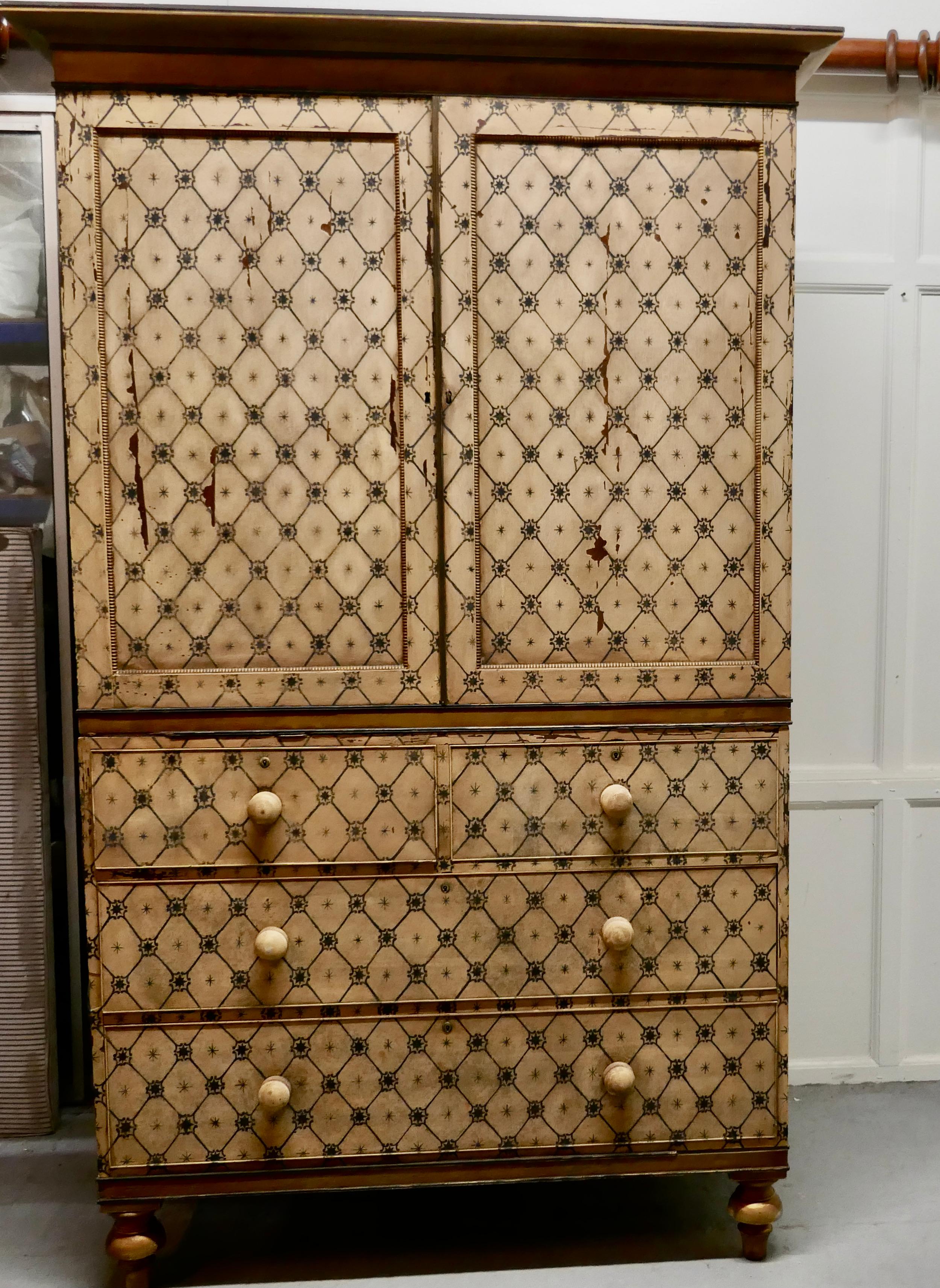 19th century Aesthetic Movement hand painted linen press

This is a fantastic looking piece furniture it dates from the mid-19th century
The press is painted in the Romantic style known as Aestheticism, art from this particular movement focused