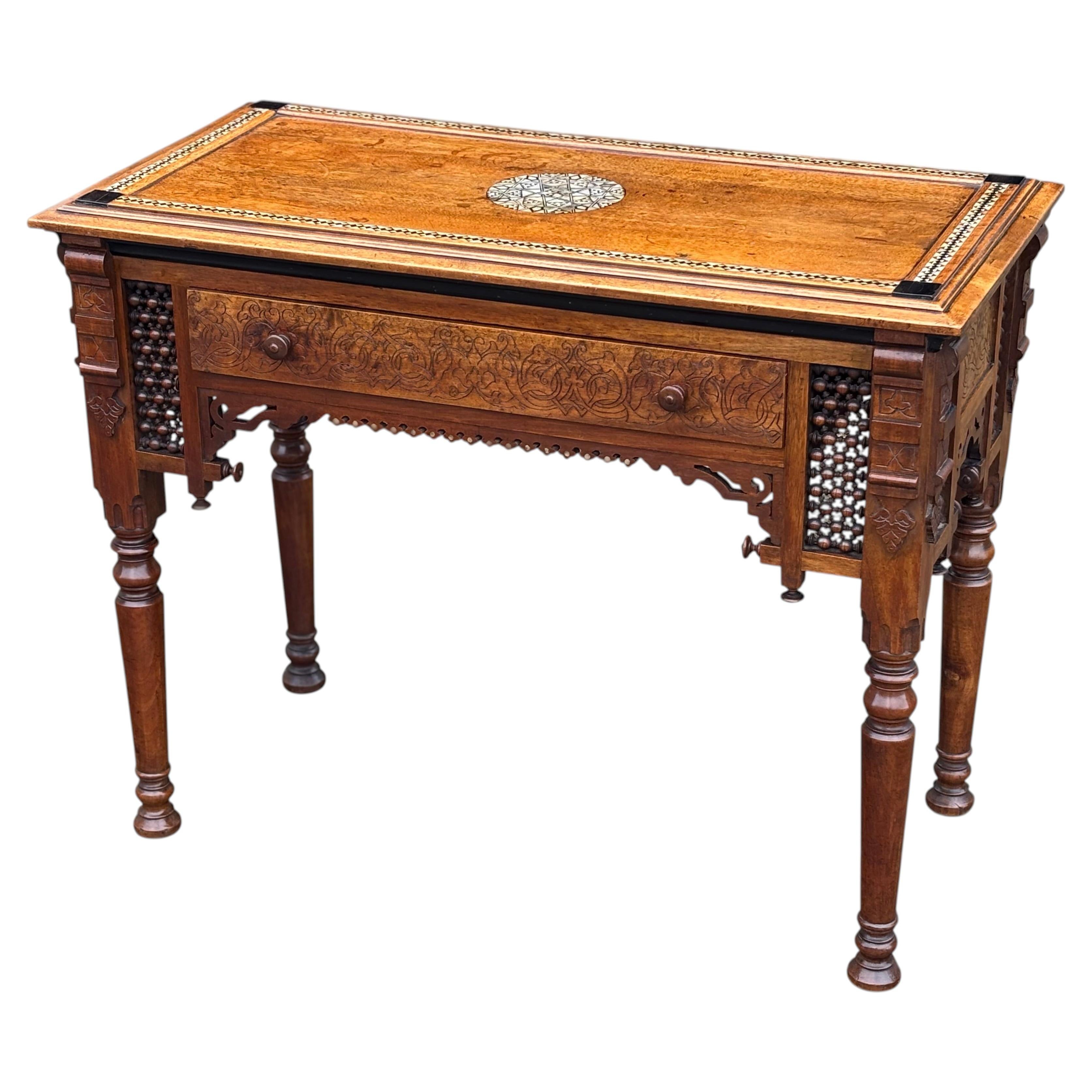 19th Century Aesthetic Movement Moorish Carved Walnut & Inlay Table