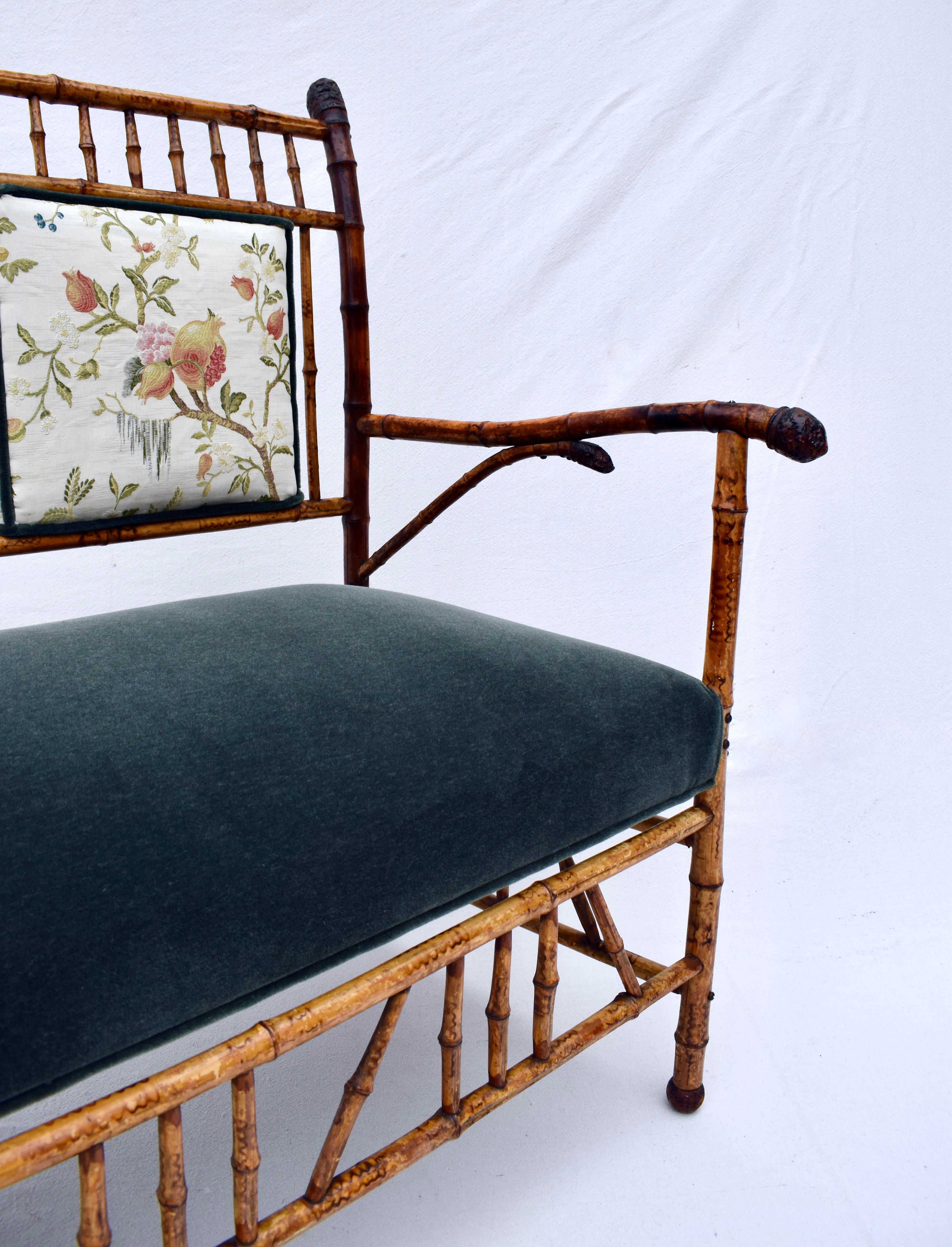 Embroidered 19th Century Aesthetic Movement Tortoise Bamboo Settee For Sale